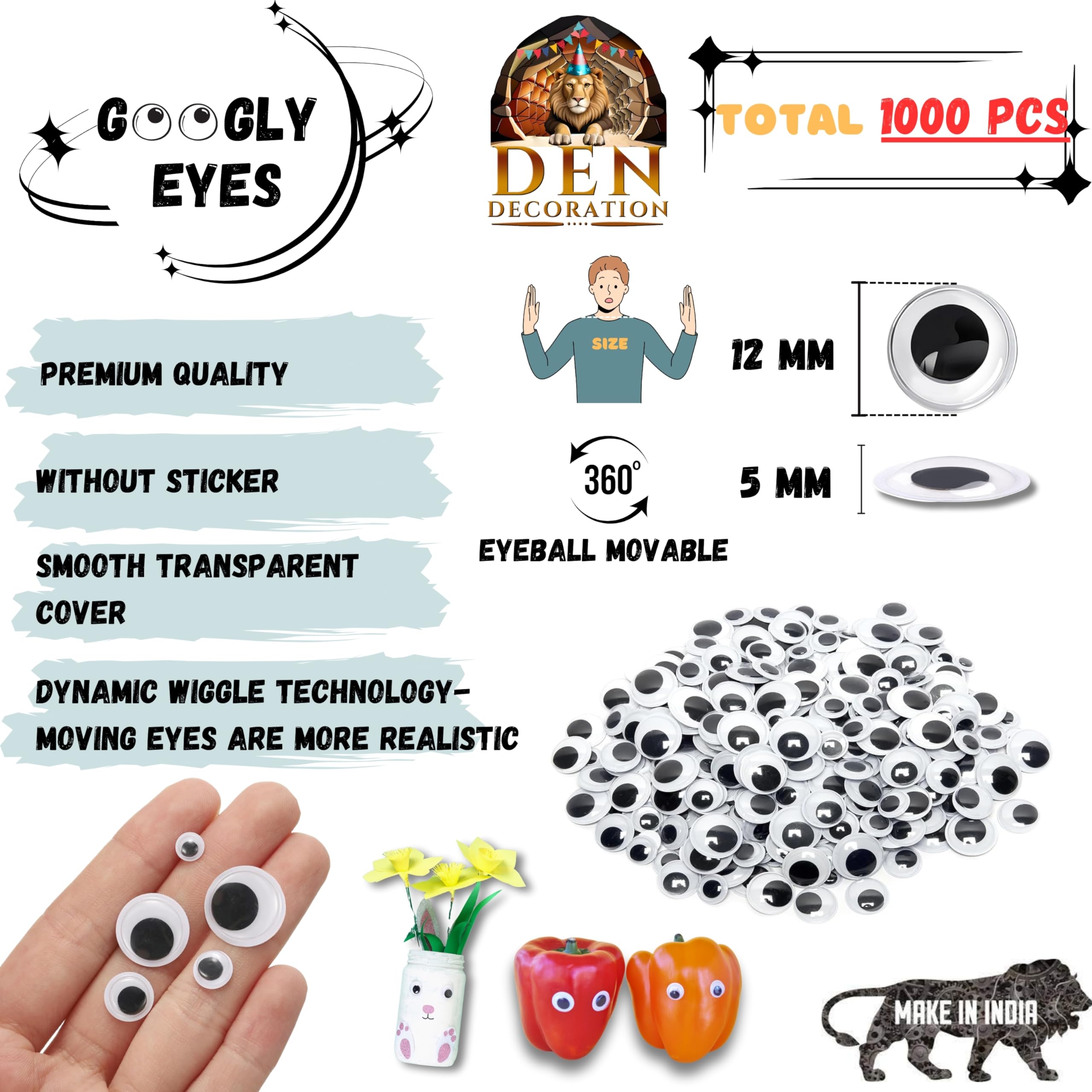 DEN DECORATION Premium Black Wiggle Googly Eyes Round Plastic for Craft (12mm 1000 Pieces) 1