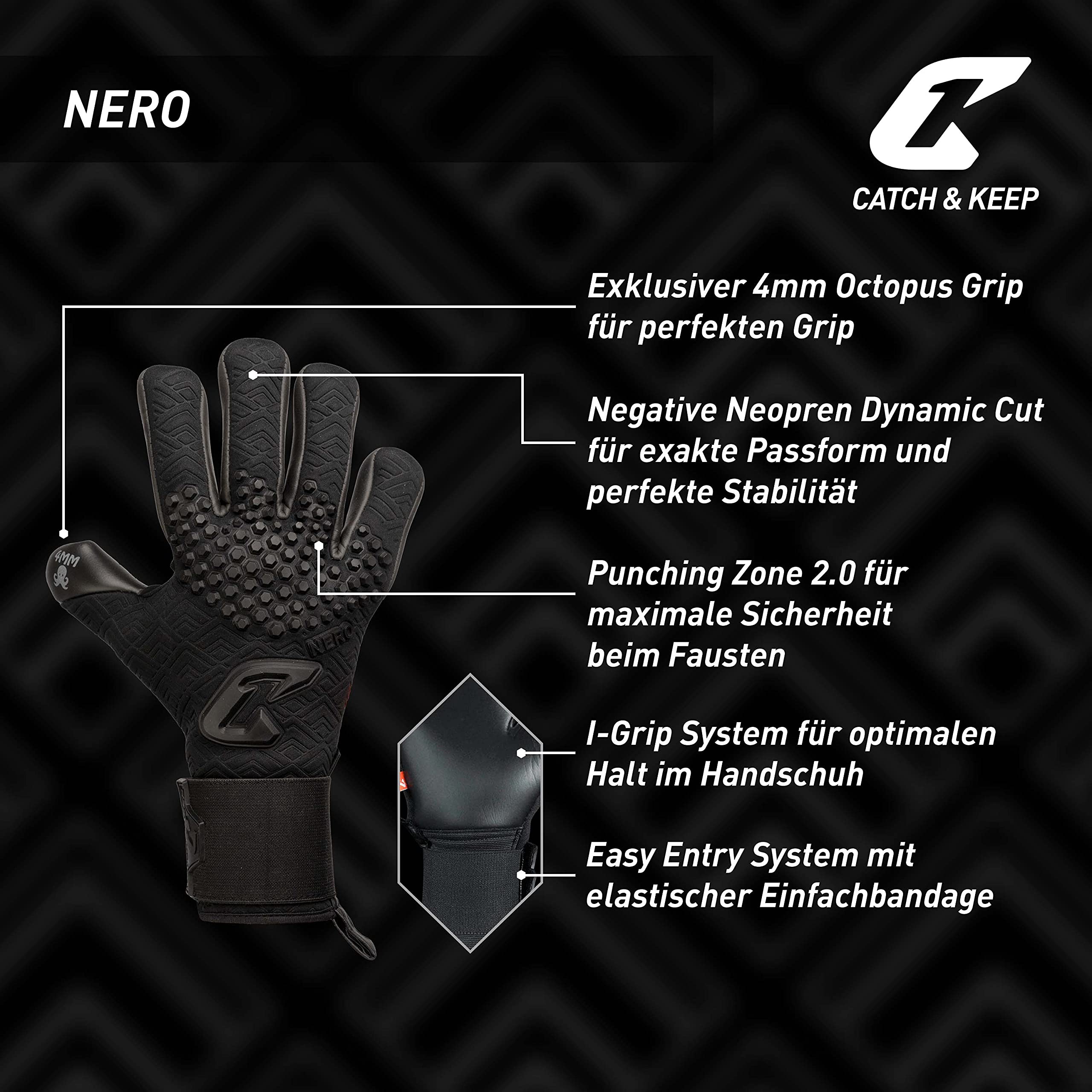 CATCH&KEEP Guanti da portiere professionali per adulti, massima presa, modello premium – guanti da calcio – con la nostra impugnatura Octopus (nero scuro | nero, 6)
