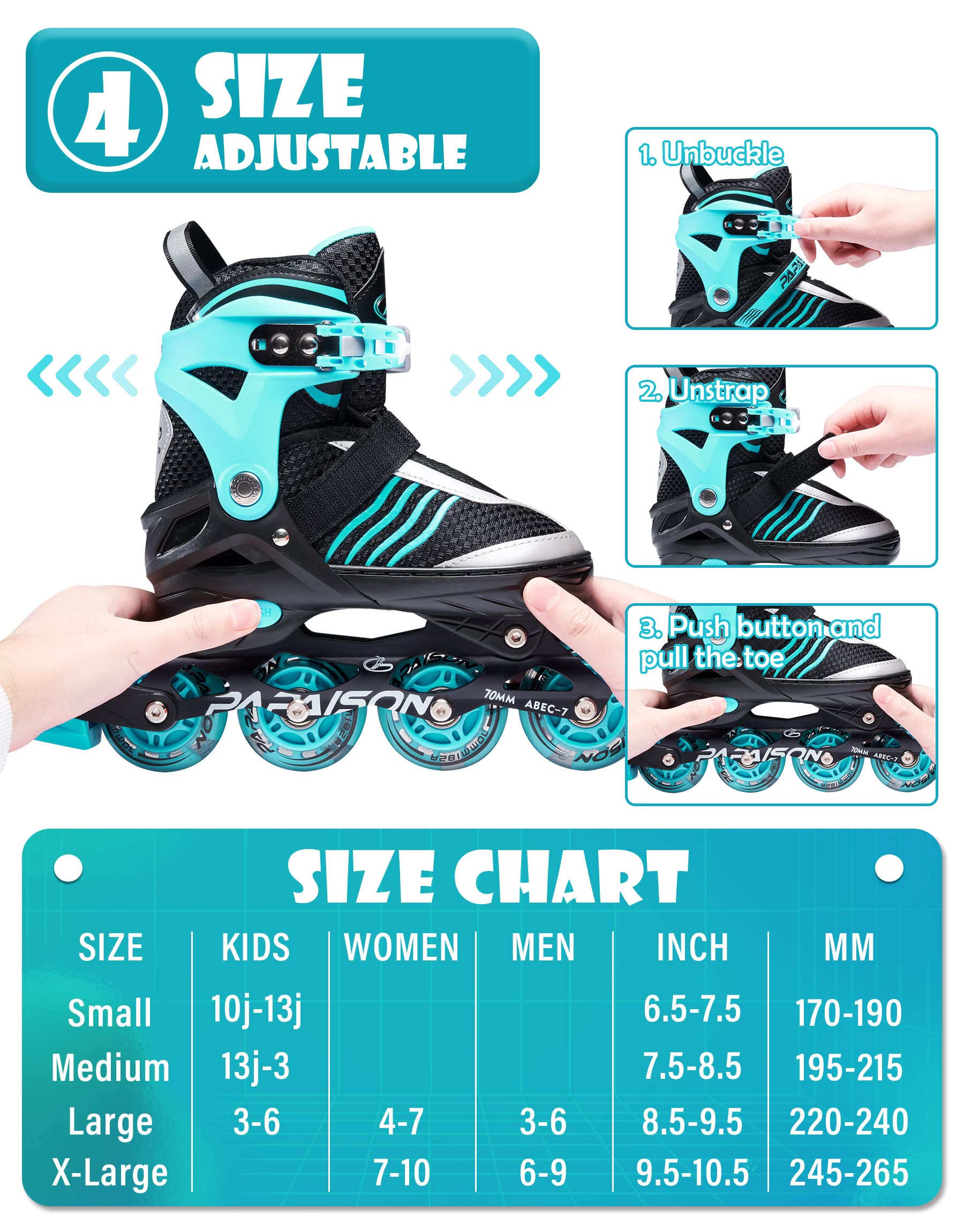 PAPAISON Adjustable Inline Skates Boys Ages 4-12, Roller Skates for Girls Kids with Full Light Up Wheels, Outdoor Skates Illuminating Skates for Children Teens Women