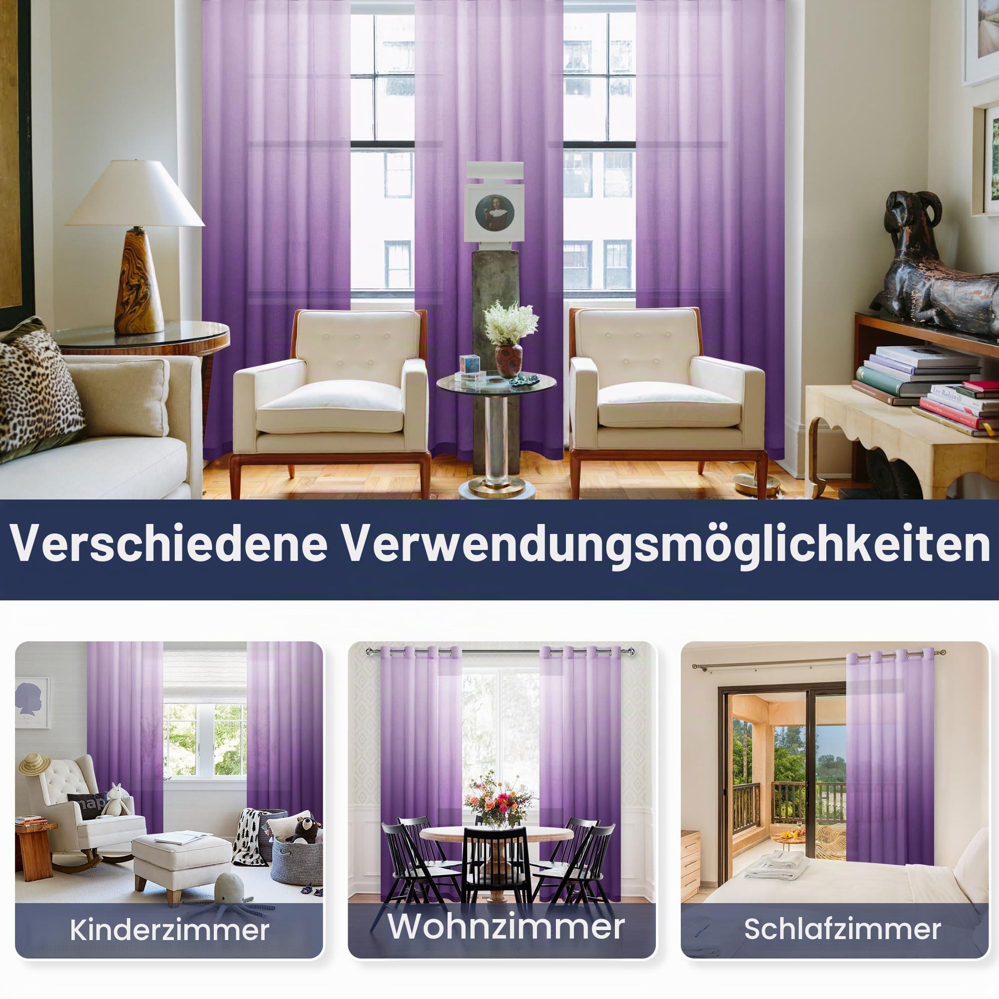 Hiasan Lila Gardinen mit Ösen Vorhänge Halbtransparent Wohnzimmer | Violett Farbverlauf 140x245cm 2er Set, Ösenvorhang Gardine Vorhang aus Voile Moderne Dekoschal für Schlafzimmer Kinderzimmer