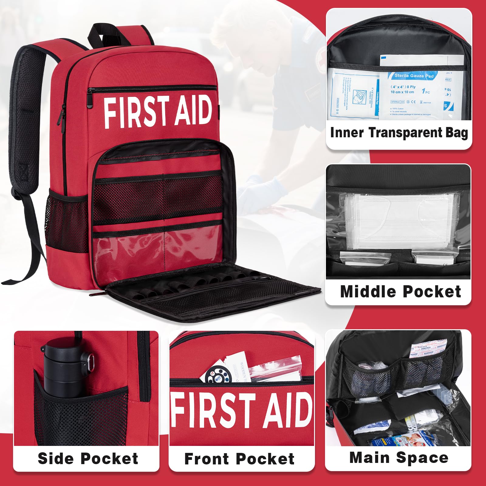 Kit di pronto soccorso zaino completamente fornito, 400 pezzi di attrezzatura di sopravvivenza, include garza, impacchi di ghiaccio, coperta di emergenza, cerotti per auto, viaggi, casa, campeggio