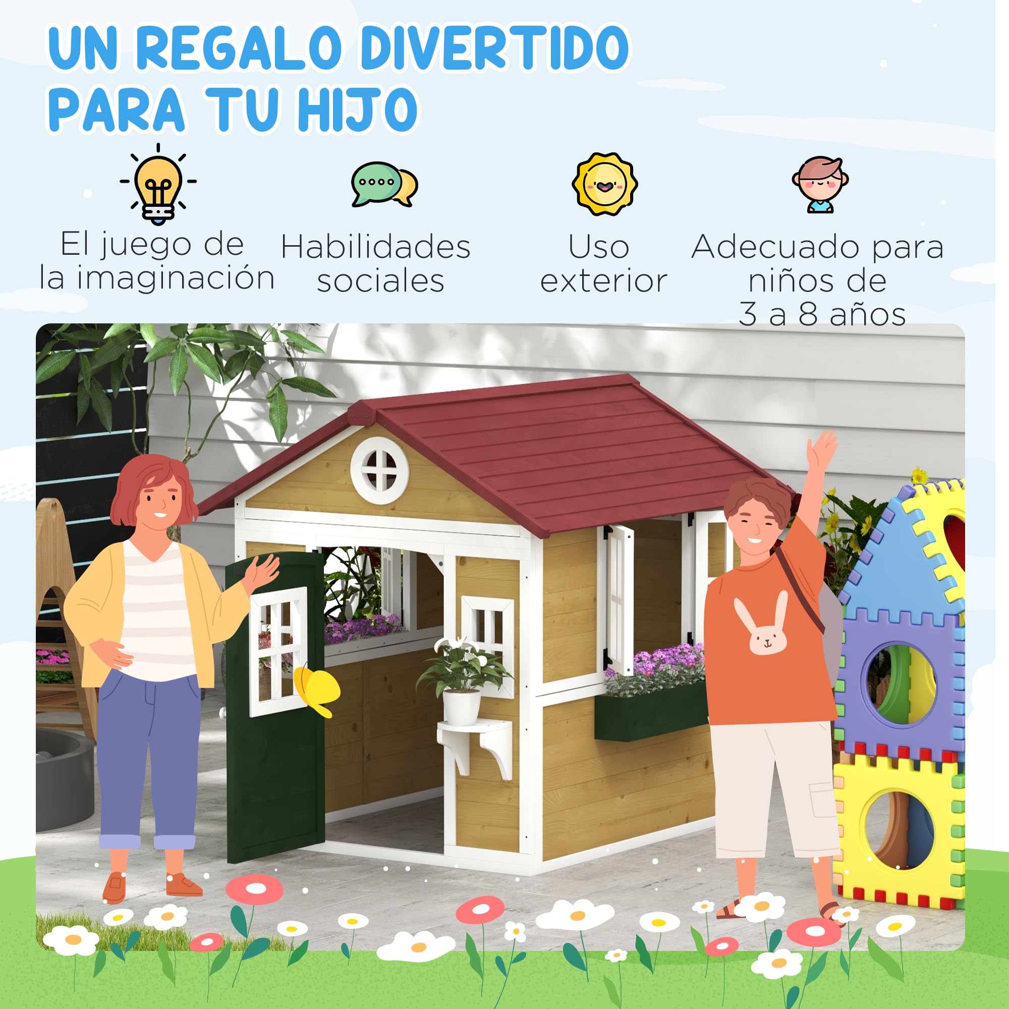 Outsunny Casetta da giardino in legno per bambini 114x126,4x135 cm