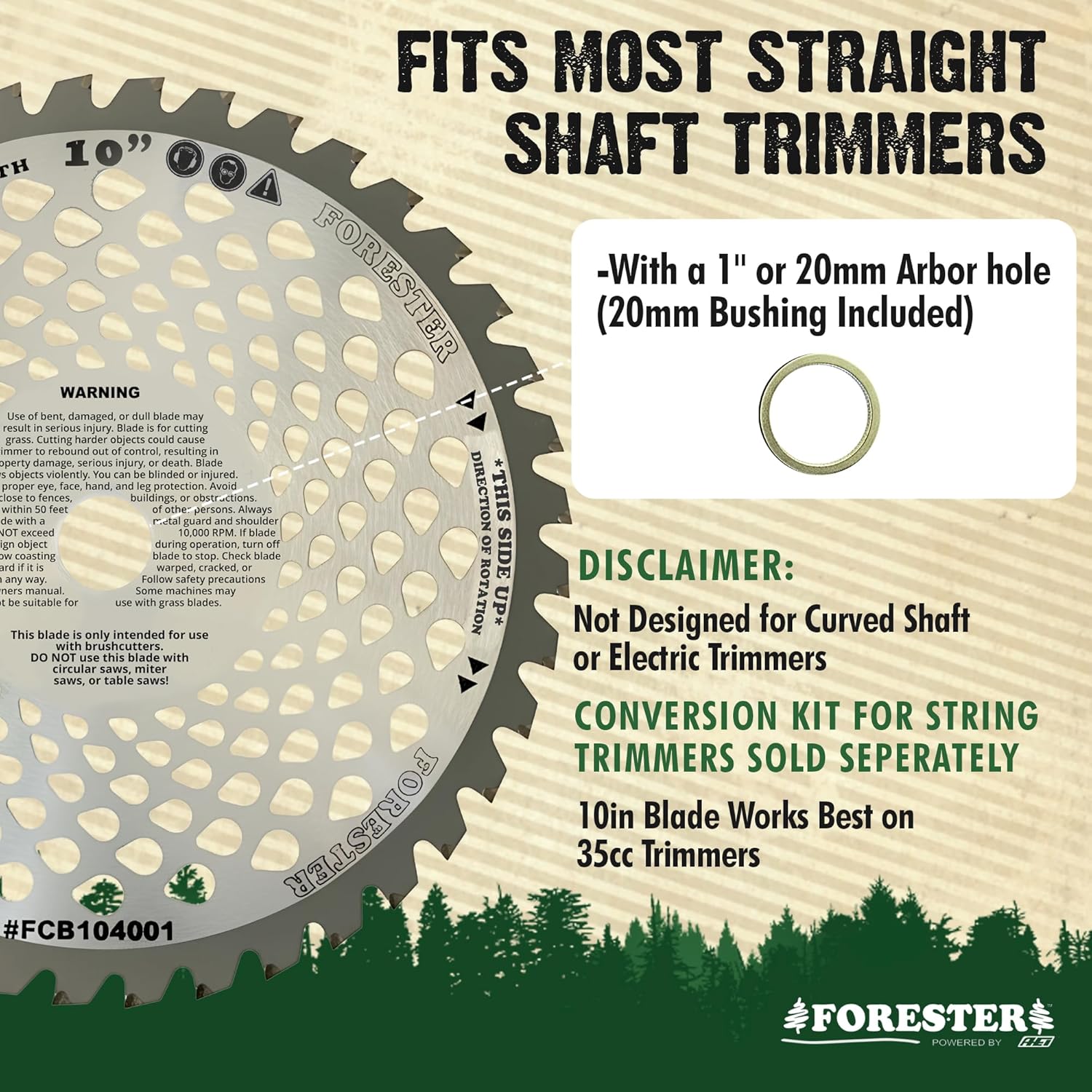 Forester Lightweight Carbide Tip Brush Cutter Blade - 10in x 40 Teeth | Fits Most Straight Shaft Trimmers | Conversion Kit Sold Separately - Teardrop Vented