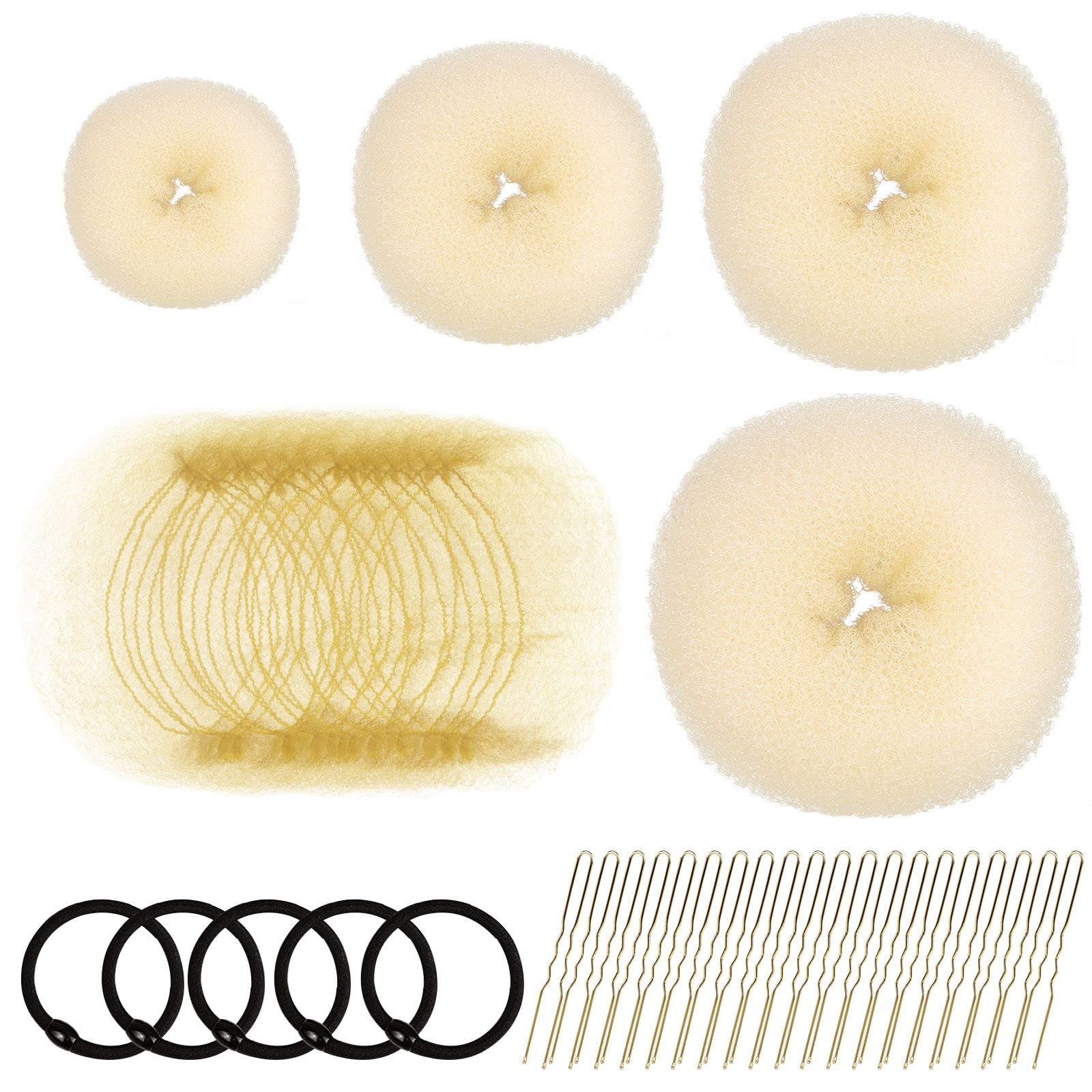FANDAMEI Hair Styling Set - Bun Maker, Hair Nets, Hair Pins, and Elastic Bands in Various Sizes (Gold)
