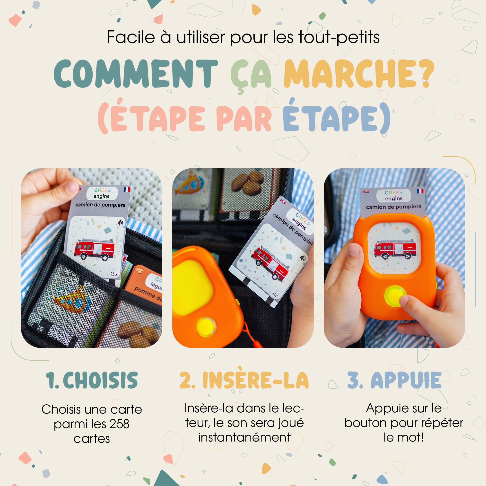 GREES Jouet Éducatif Montessori – Lecteur de Cartes Parlantes Français 258 Mots + Sacoche de Rangement | Jeu sans Écran Enfant 2-6 Ans | Flashcards Lettres Chiffres Animaux | Cadeau Fille Garçon