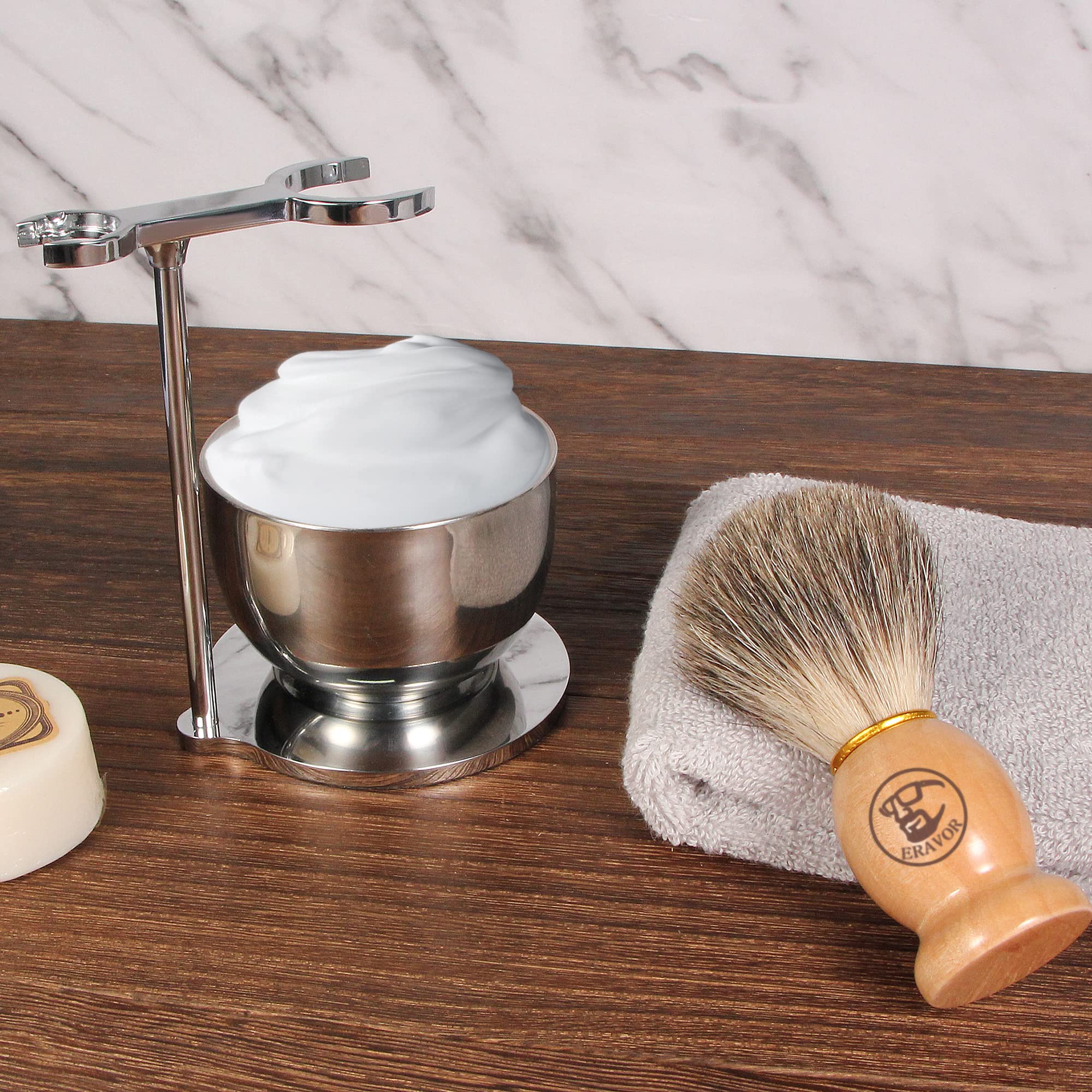 Ensemble de rasage 3 en 1 avec brosse à raser, bol à poils de blaireau et support en acier inoxydable universel pour hommes cadeau de rasage humide (03)