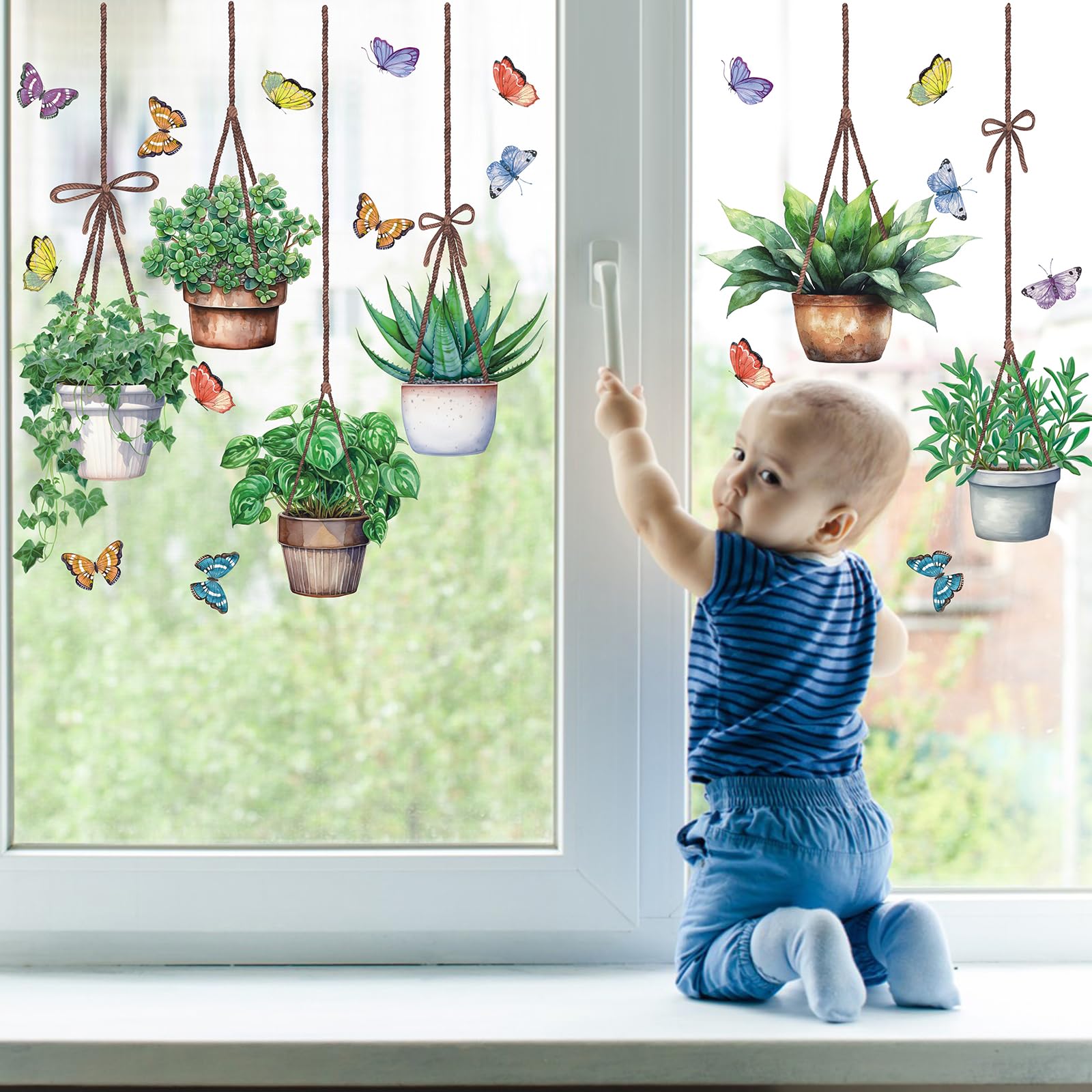 Fensterbilder Frühling,Fensteraufkleber Grüne Pflanzen,Topfpflanze Fenstersticker Frühling,Hängende Pflanzen Blätter Fenster Sticker,Anti-Kollision Fensterfolie Glastüren Fensterdeko Aufkleber