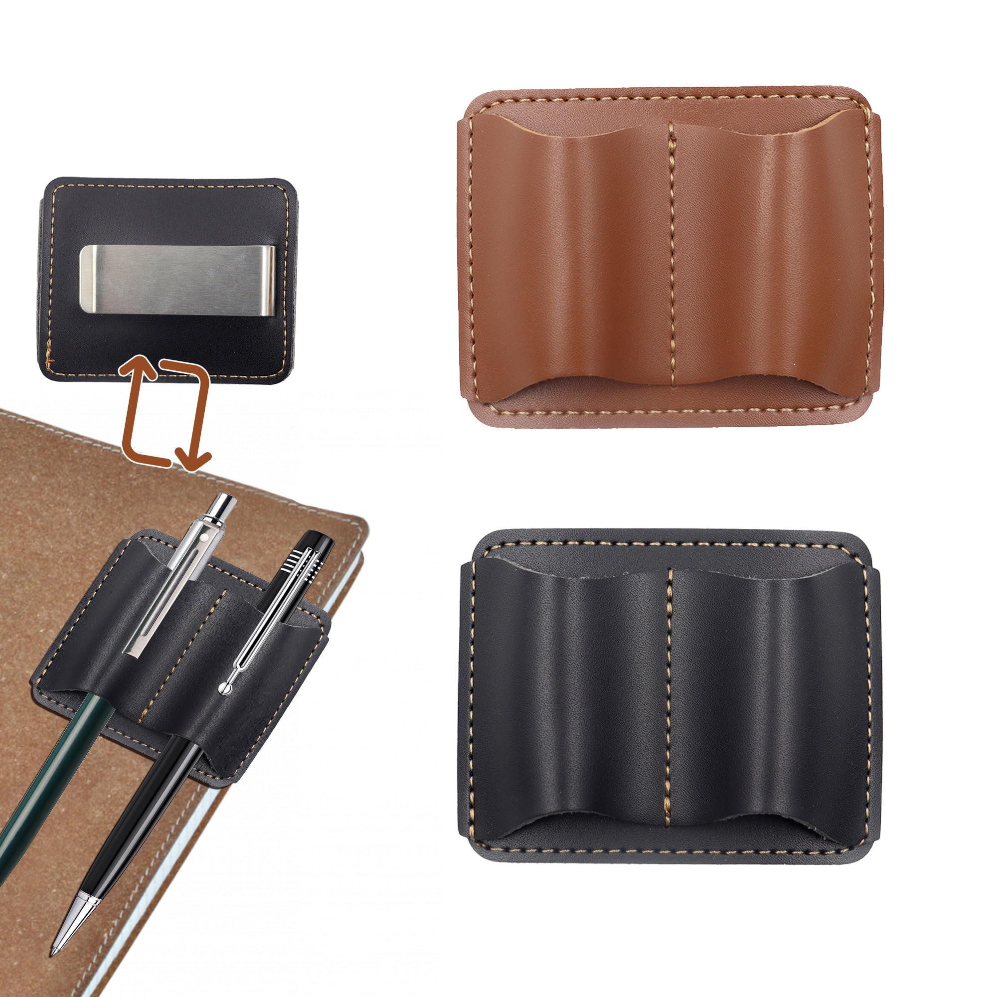 Simaixing 2Pcs Leather Pen Holder for Notebook, 2.9 x 2.3Inch Handmade Small Notebook Pen Holder with Clip, Double Slot Pencil Pen Sleeve for Journal, Book, Clipboard (Black + Brown)