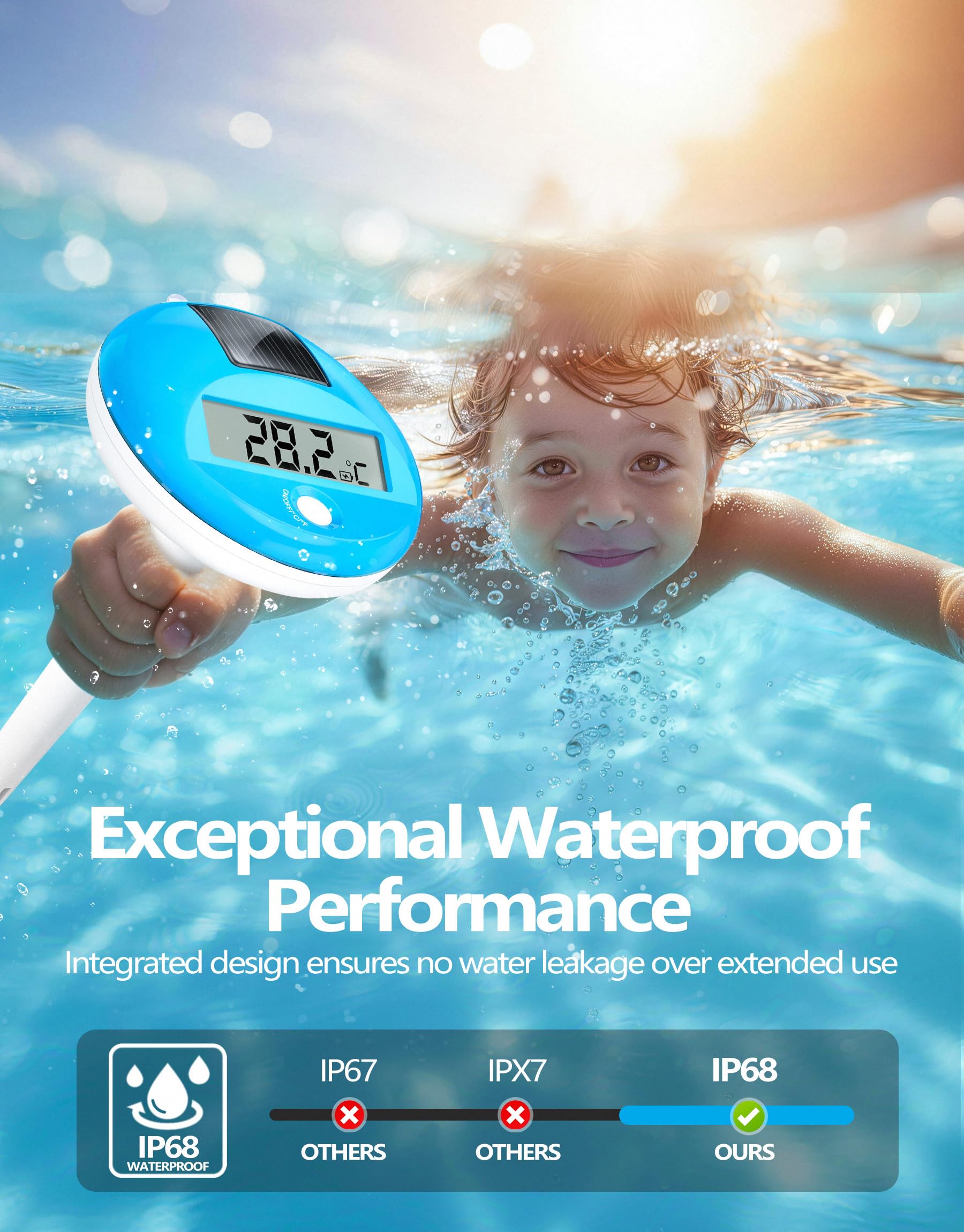 PoolLeader Thermomètre Piscine Flottant Numérique IP68 Grand Écran LCD
