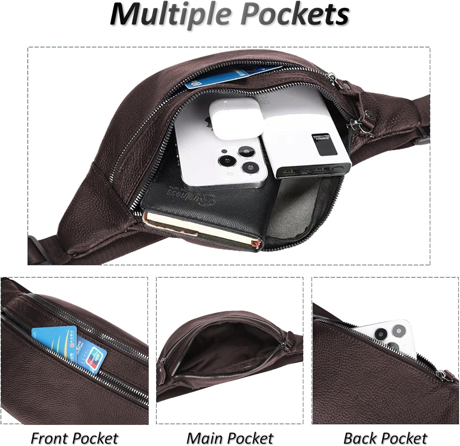 Genuine Leather Waist Bag, Outdoor Travel Waist Pack, Cowhide Leather Fanny Pack with Adjustable Strap, Suitable for Travelling, Outdoor Hiking, Cycling, Running - Brown & Large - Image 6