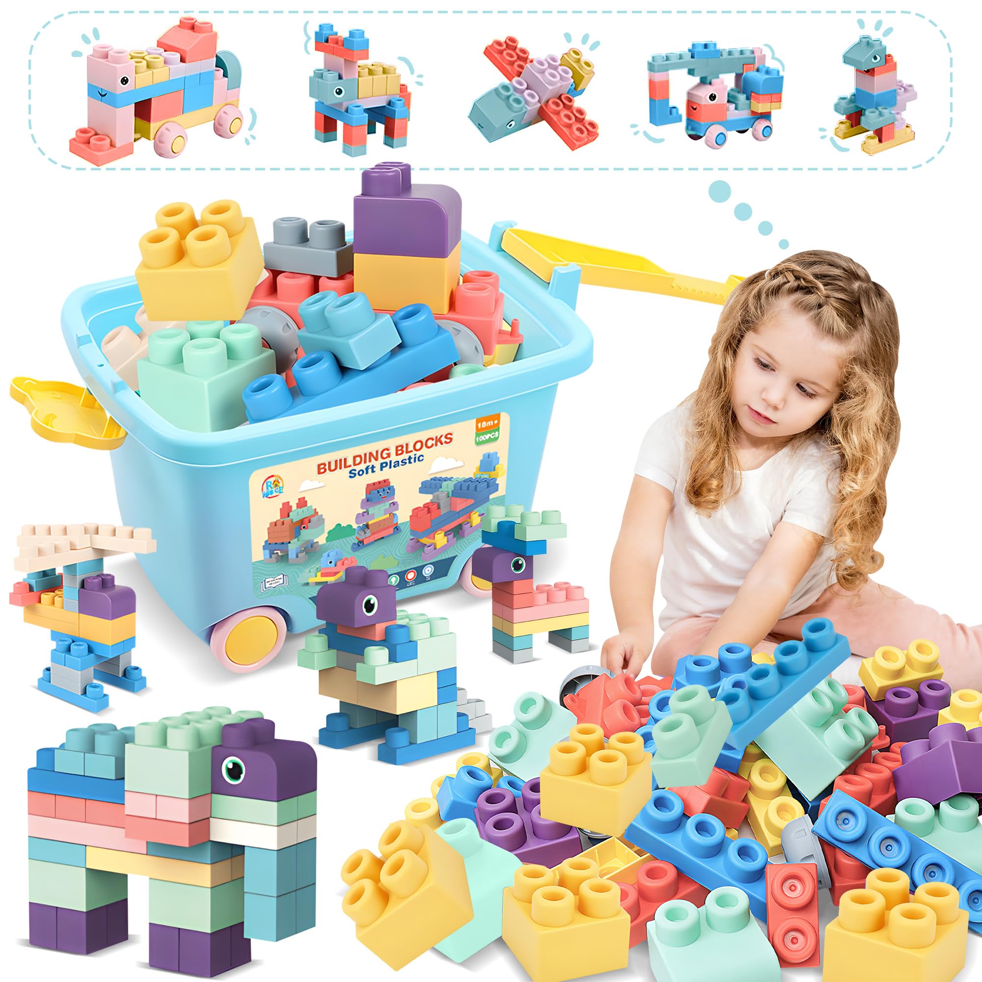 ROHSCE 100PCS Baby Blocks Set with Storage Bucket, Building Block Toys STEM Educational Toddler Gifts, Rubber Soft Blocks for Preschool, Sensory