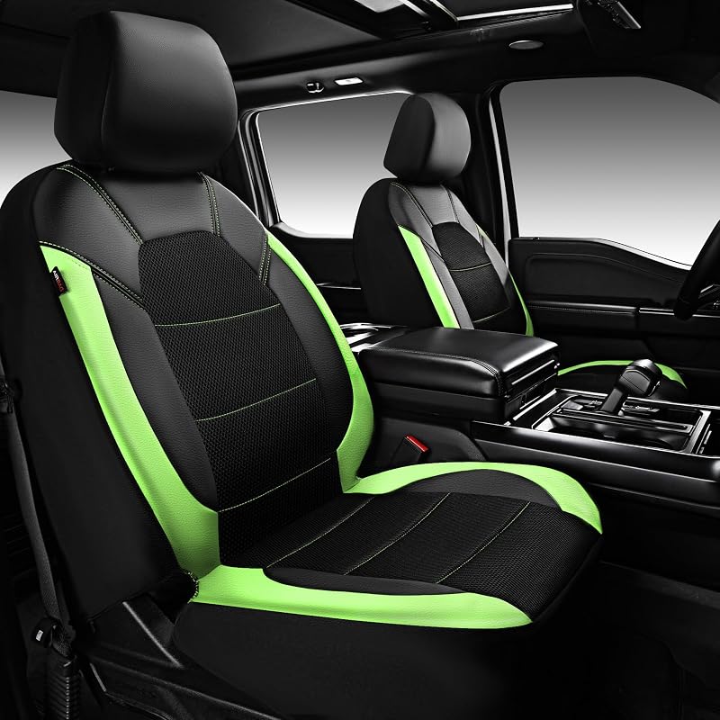CAR PASS Capas para Bancos Dianteiros em Air Mesh e Couro, Compatíveis com Airbag, Verde, Kit com 2 unidades