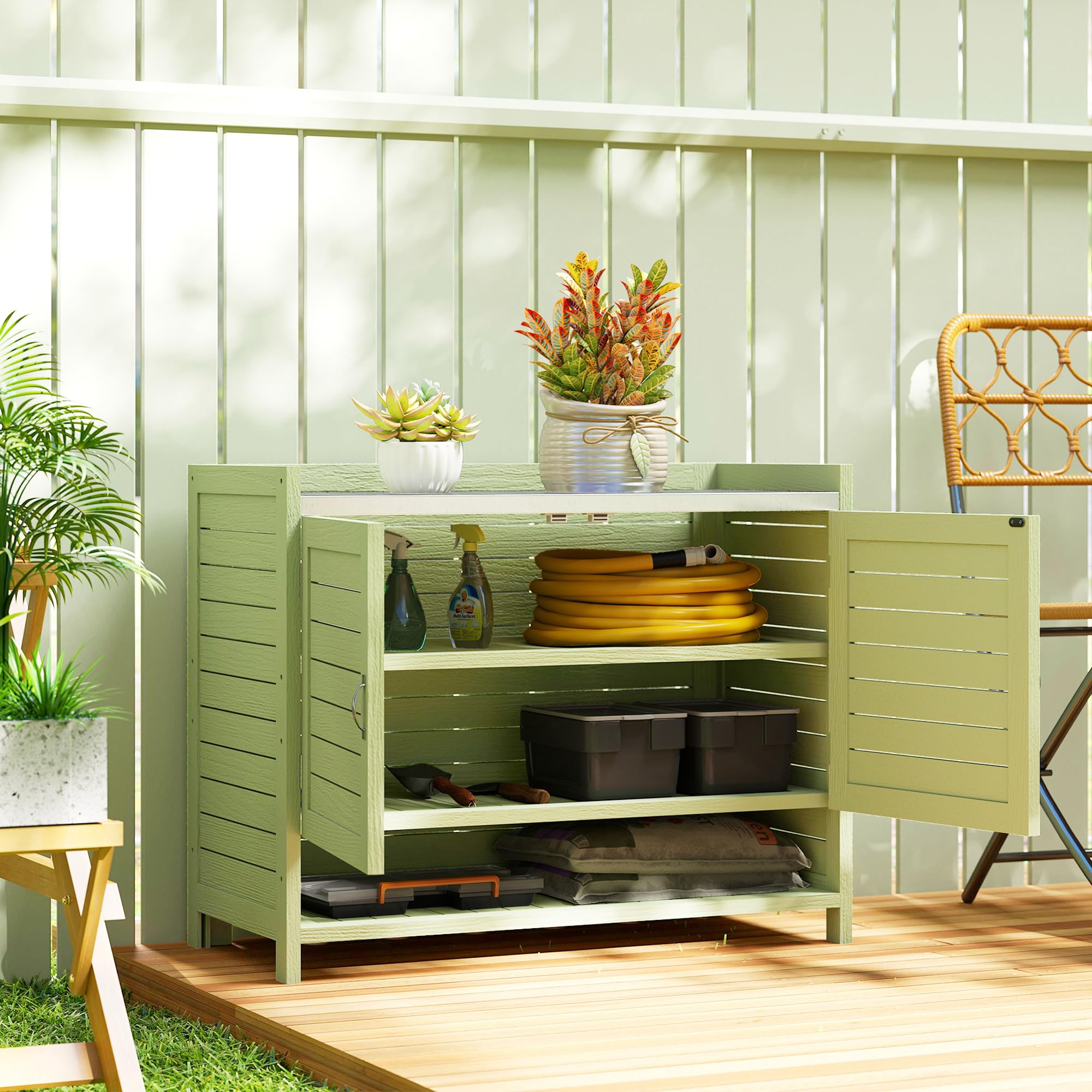 Outsunny Pflanztisch mit Unterschrank aus Holz Outdoor Gartenschrank mit verzinkter Arbeitsplatte 3 Regalböden Doppeltüren wetterfest Gärtnertisch für Garten Balkon Terrasse 88 x 40 x 70,5 cm, Grün