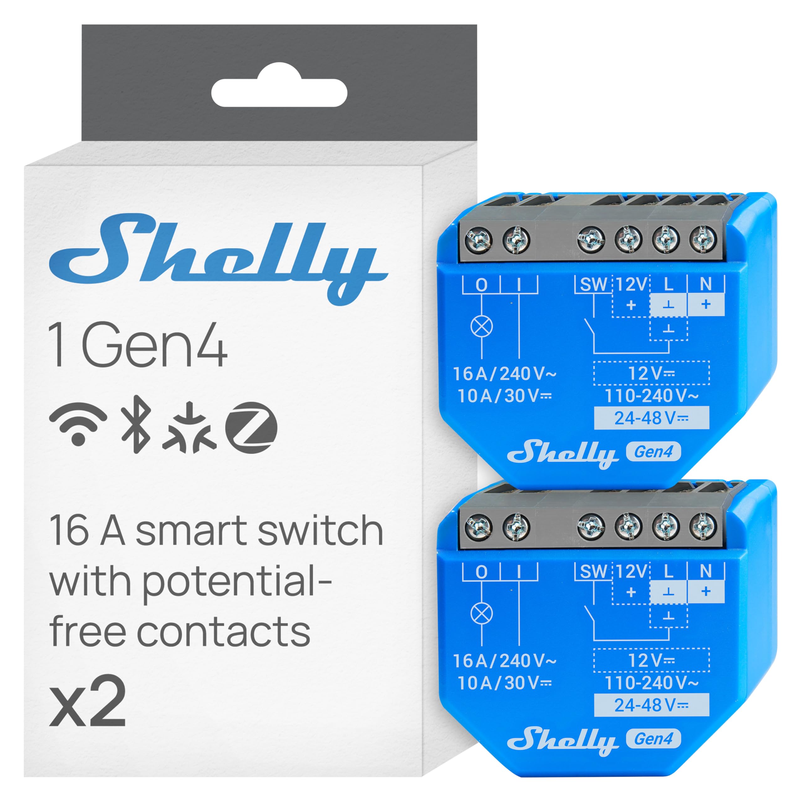 Shelly Shelly 1 Gen4 - WLAN Smart Relais Schalter, Potentialfreier Kontakt, 1 Kanal, 16A, Lichtschalter, Garagentoröffner, Smart Home, Zeitschaltuhr, Alexa & Google, Matter, Kein Hub Erforderlich (2 Stück)
