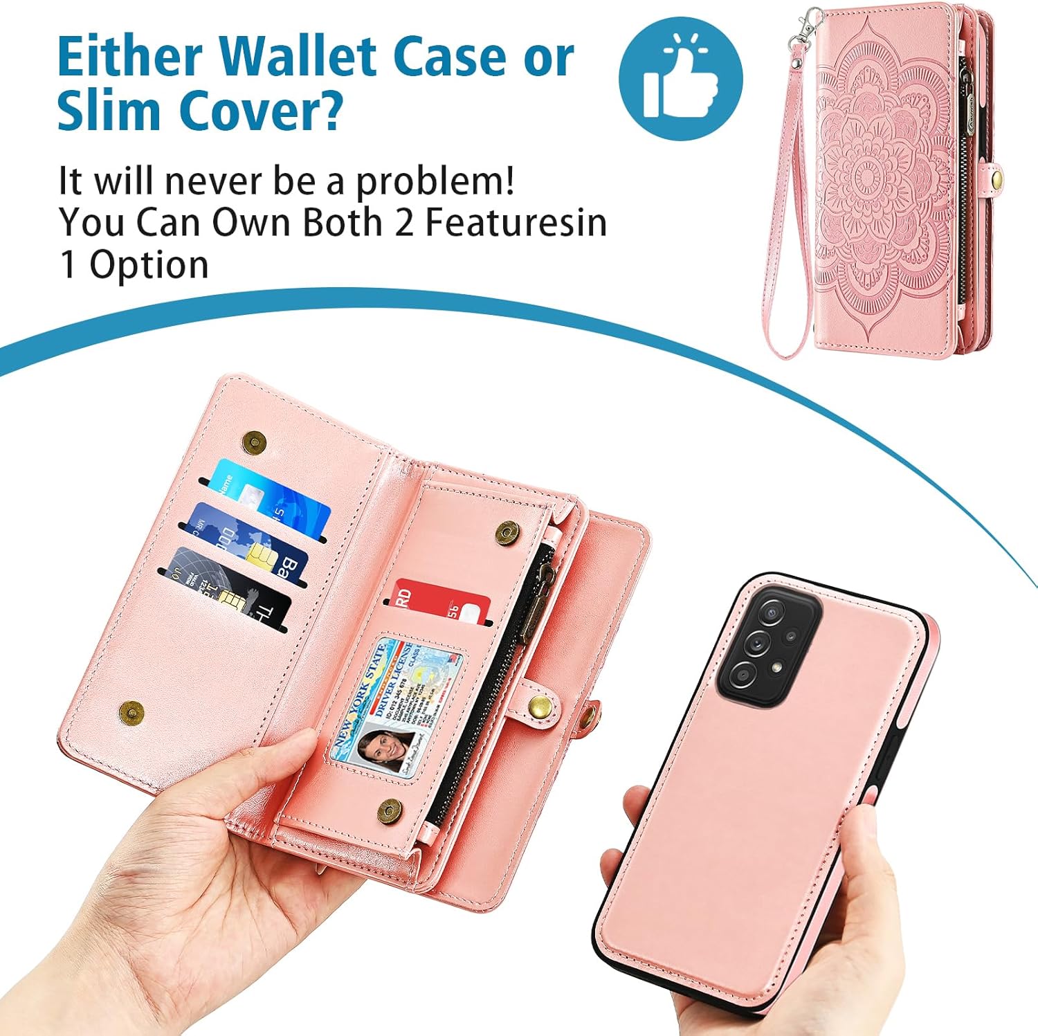 Asuwish Phone Case for Samsung Galaxy A52/A52S 5G Zipper Wallet Detachable Cell Cover with Tempered Glass Screen Protector Strap Flower Card Holder Slot A 52 S 4G G5 52A S52 52S Women Girls Rose Gold