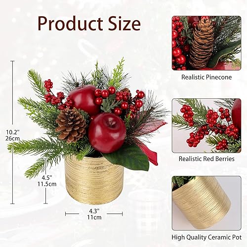 Miniatura 7 de Mini árbol de Navidad, árbol de Navidad artificial en maceta con peras, conos de pino, bayas, arreglos florales de Navidad pequeños en maceta de