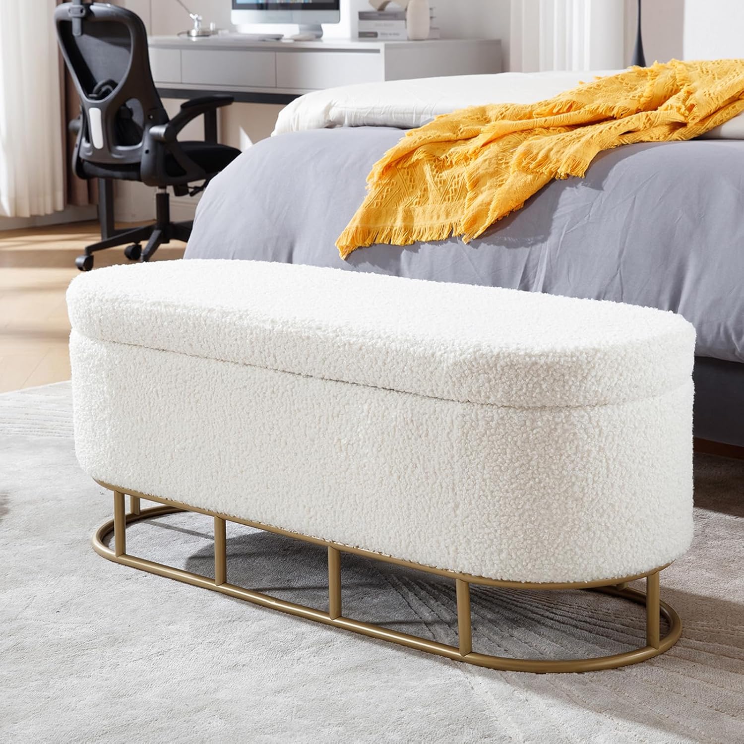 47.6'' Storage Ottoman Bench,Upholstered Storage Bench for Bedroom End of Bed,Ottoman Storage Benches Seat with Safety Hinge for Entryway Bedroom Living Room Bed End White