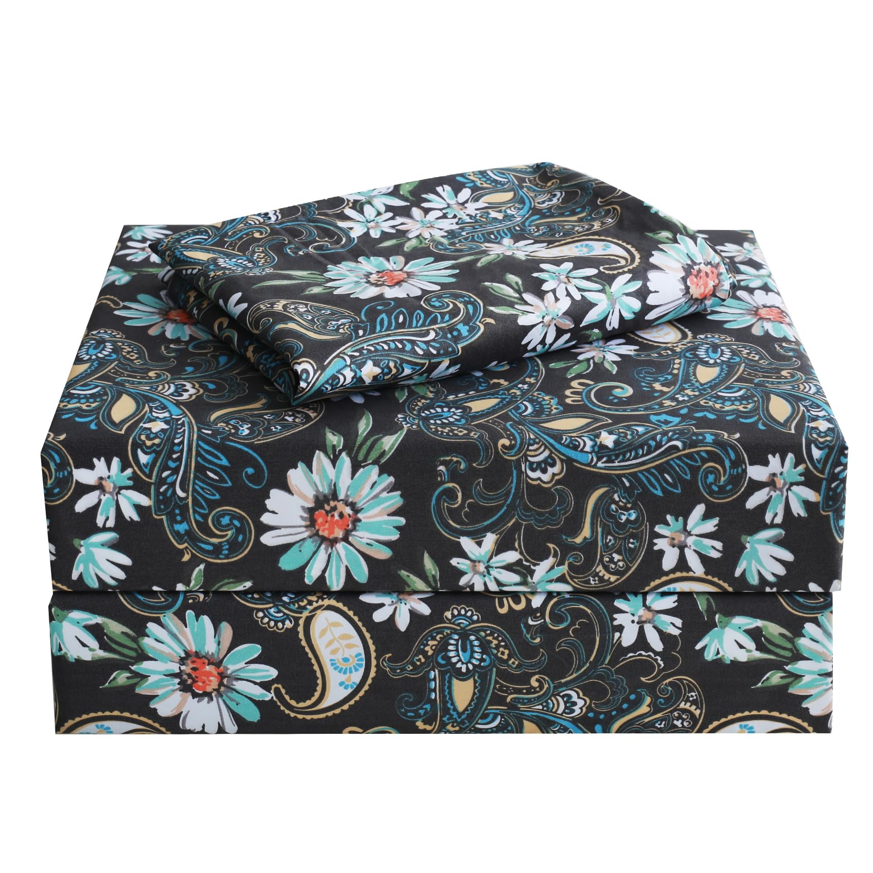 Amazon.com: JSD Black Paisley Floral Printed Sheet Set Twin Size, 3 ...