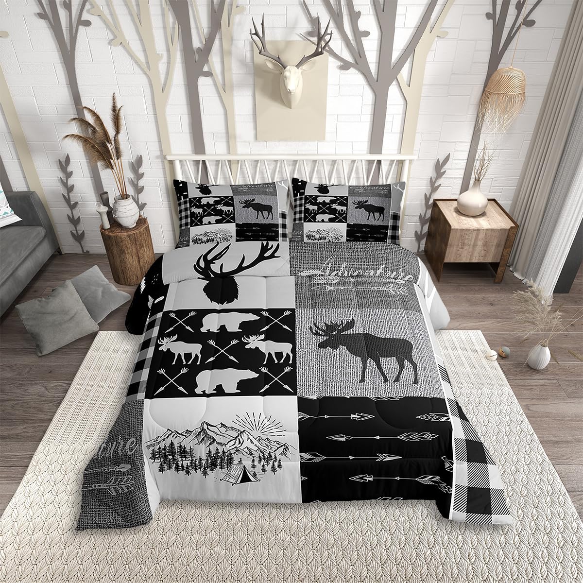 Hunting Deer Comforter Set For Boys,Rustic Camper Duvet Sets Plaid Patchwork Quilt Country Wildlife Bear Bedding Set For Teens Adult Retro Cabin Christmas Farmhouse Decorations,Black Grey(Full)