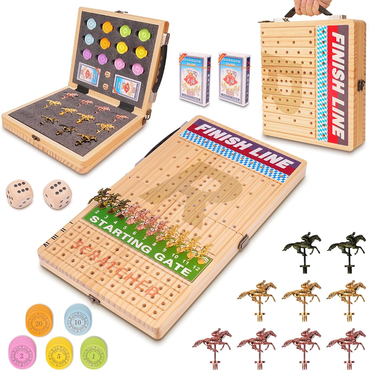21" Large Horse Race Board Game - Solid Wood Horse Racing Game with 11 Metal Horses, 60 Poker Chips, Dice & Cards, Foldable Tabletop Party Game for Adults, Family Game Night & Friends