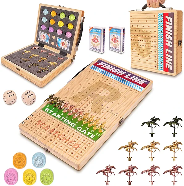 Silkchio 21 Inches Horse Race Board Game, Horse Racing Game with Cards and Dice, 11 Metal Horses, 60 Pcs Poker Chips Set, Solid Wood Across The Board Horse Race Game for Adults Family Friends
