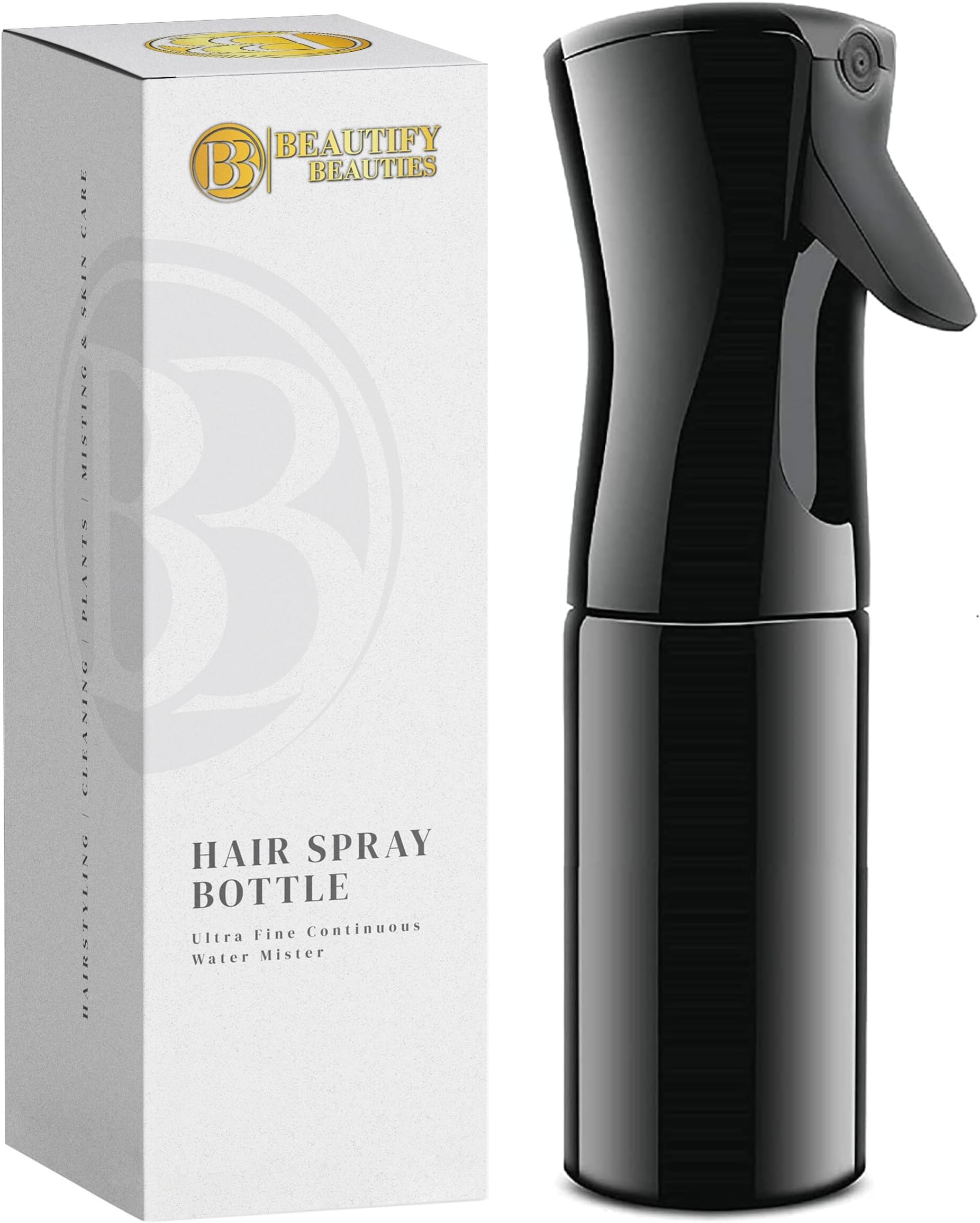 BeautifyBeauties Hair Spray Bottle – Ultra Fine Continuous Water Mister for Hairstyling, Cleaning, Plants, Misting & Skin Care (Black, 6.8 Ounces)