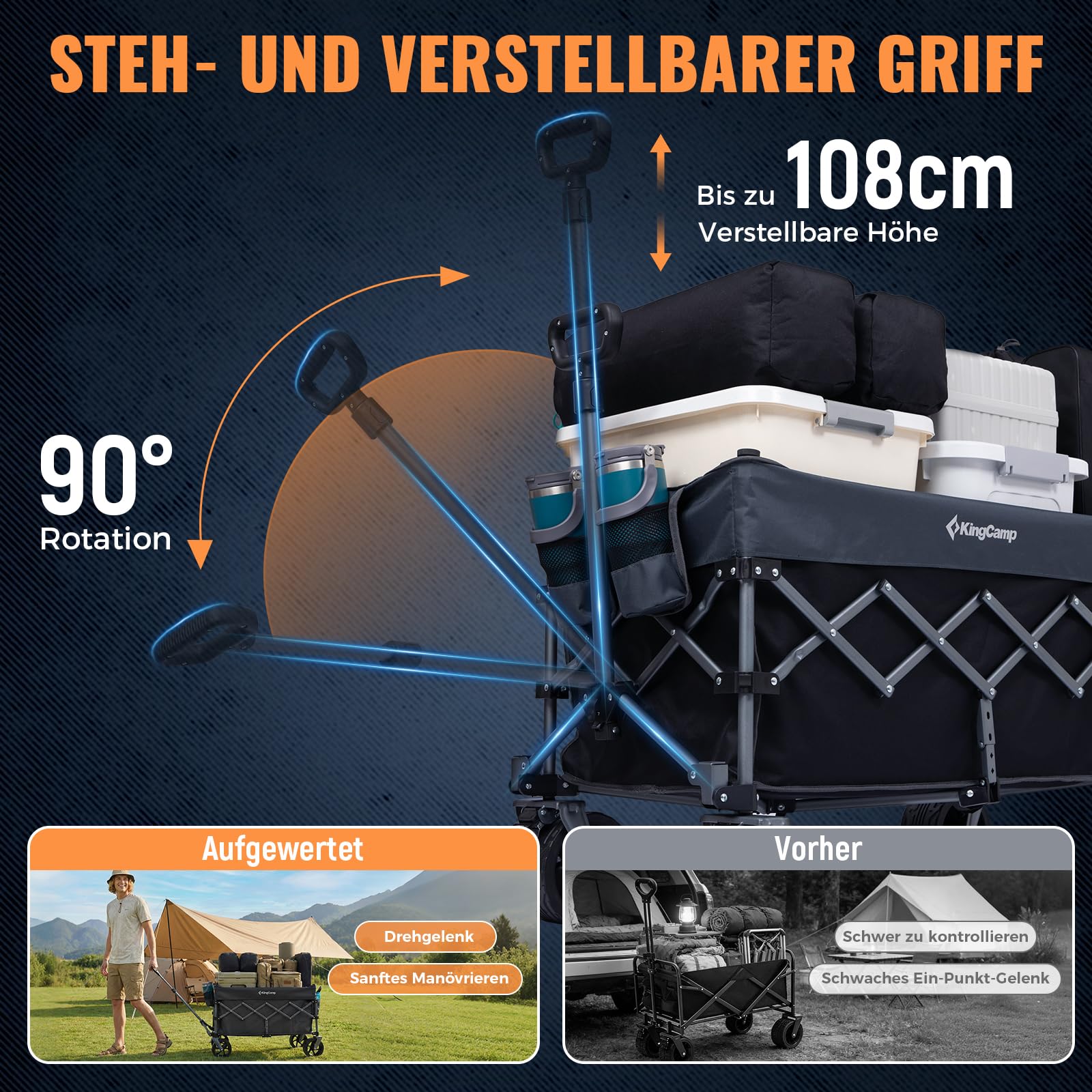 KingCamp 200L Faltbarer Bollerwagen mit 180kg Tragkraft & 7 in Breitreifen | Ultrakompaktes 4-Wege-Faltsystem, selbststehendem Griff für Strand, Camping, Shopping & Garten