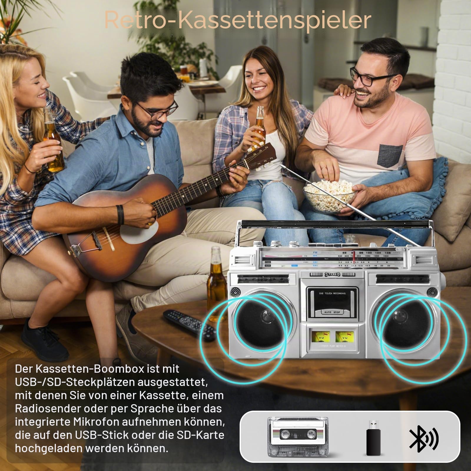 Retro Kassetten Boombox, Street Bluetooth Boombox Kassettenspieler,80s Style Retro Tragbarer AM/FM-Radio-Kassettenrekorder,unterstützt SD/USB-Eingang, für Familientreffen Reisen