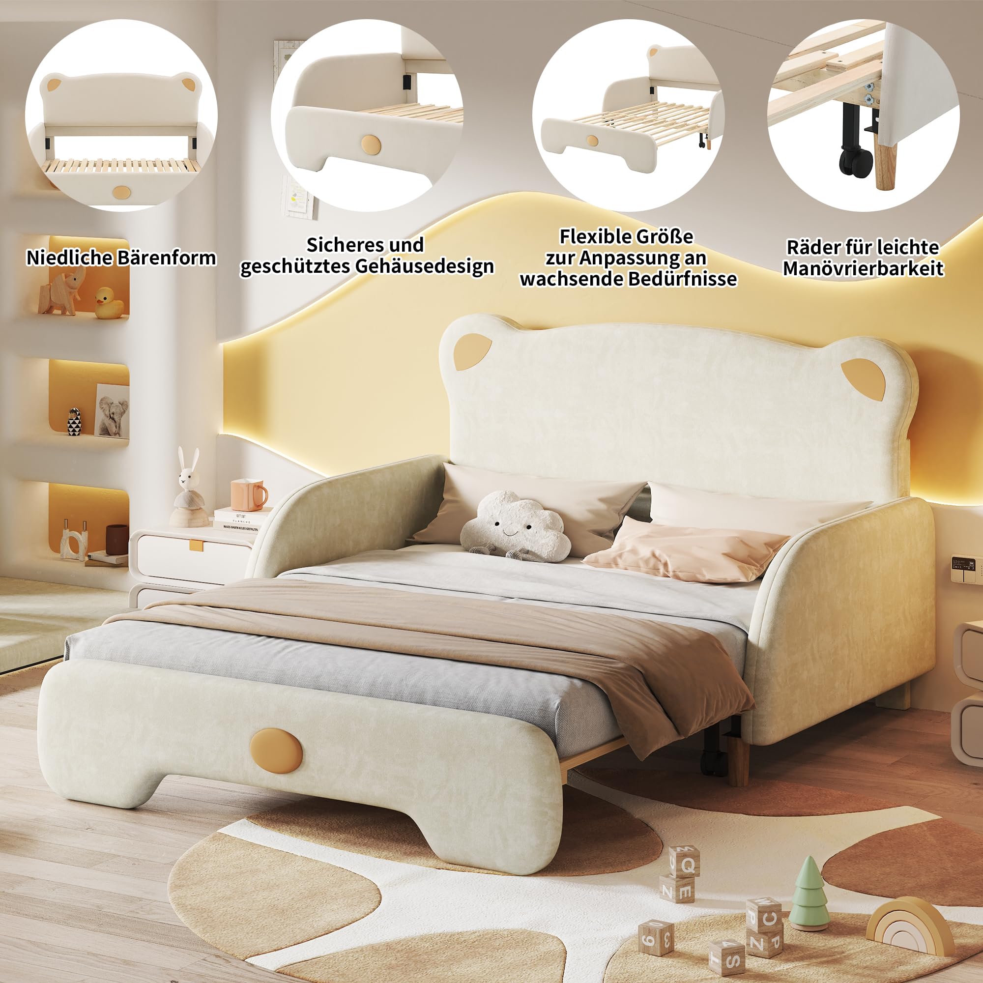Lit double en forme d'ours rembourré enfant avec bords de protection souples, lattes bois velours beige 140x110 cm 140x200 cm