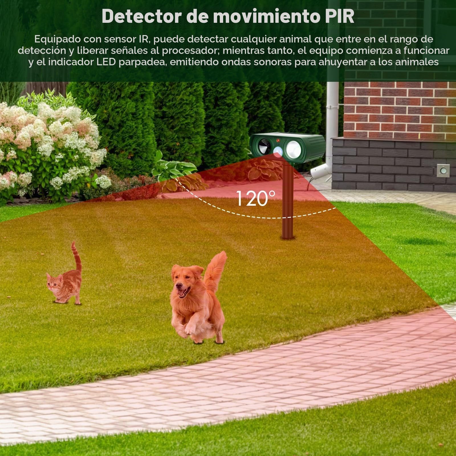 Repelente de gatos para jardines, repelente de animales solar ultrasónico, repelente ultrasónico para gatos de solución rápida con estaca en el suelo/sensor de movimiento PIR, repelente para perros y