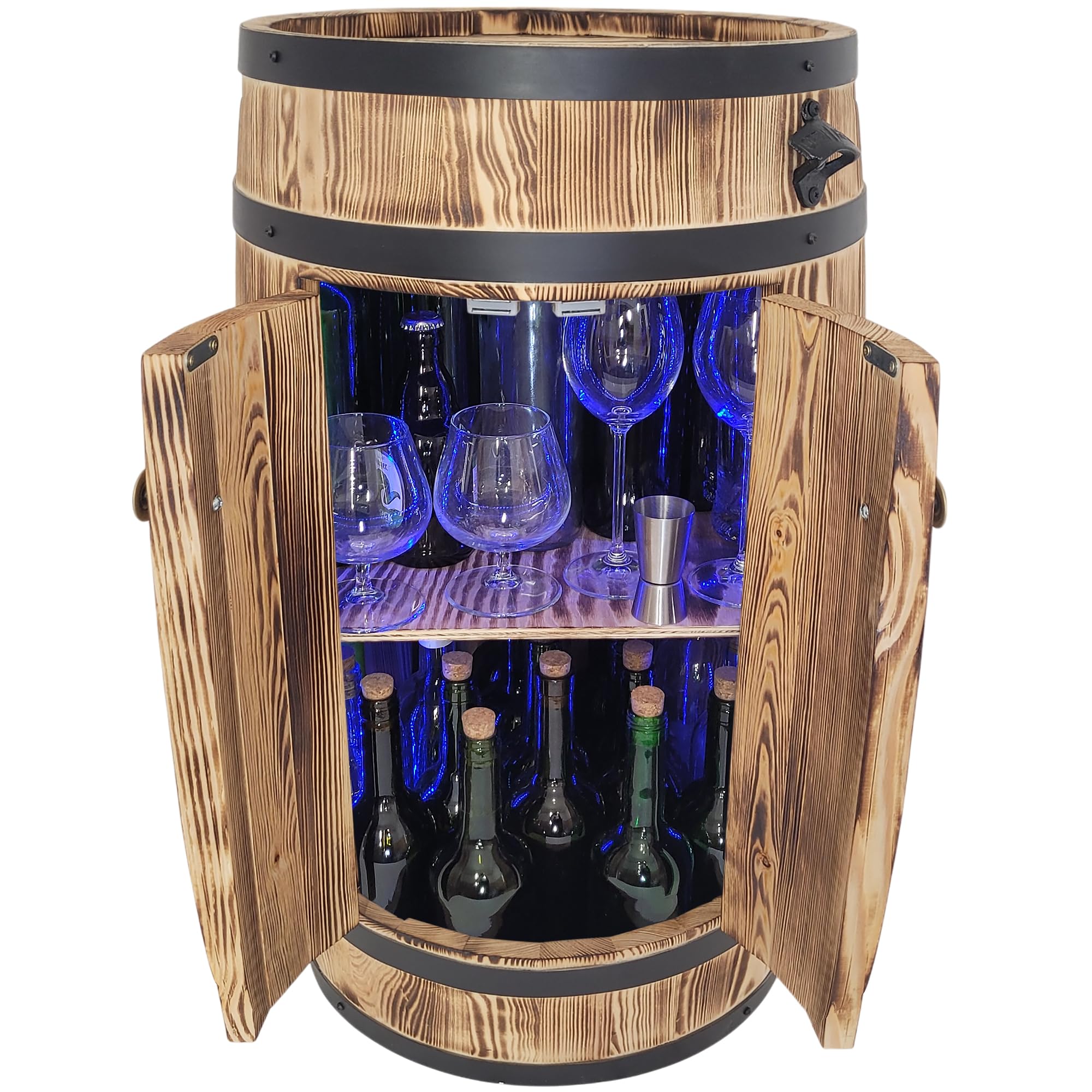 weeco Barfass aus Holz mit RGB LED Beleuchtung, Türen und Regal – rustikales Alkoholmöbel zur Aufbewahrung von Flaschen – dekoratives Fass für Wohnzimmer 80x50x44 cm