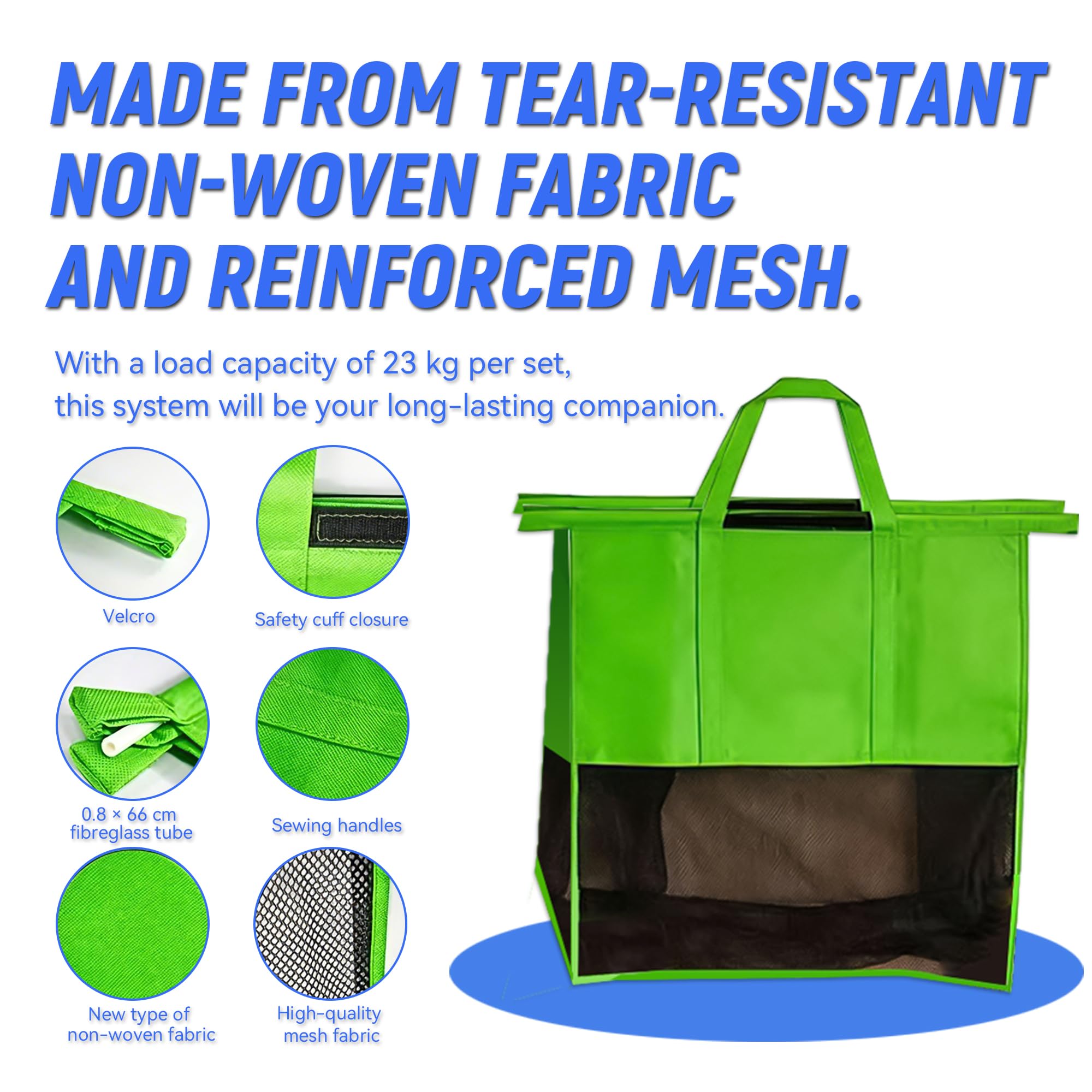 auvstar Set di 4 Borse per Carrello Spesa Supermercato,1 Borsa Termica blu e 3 Sacchetti in rete Riutilizzabili,Borsa Pieghevole con Manici e Chiusura in Velcro,Carico 23kg