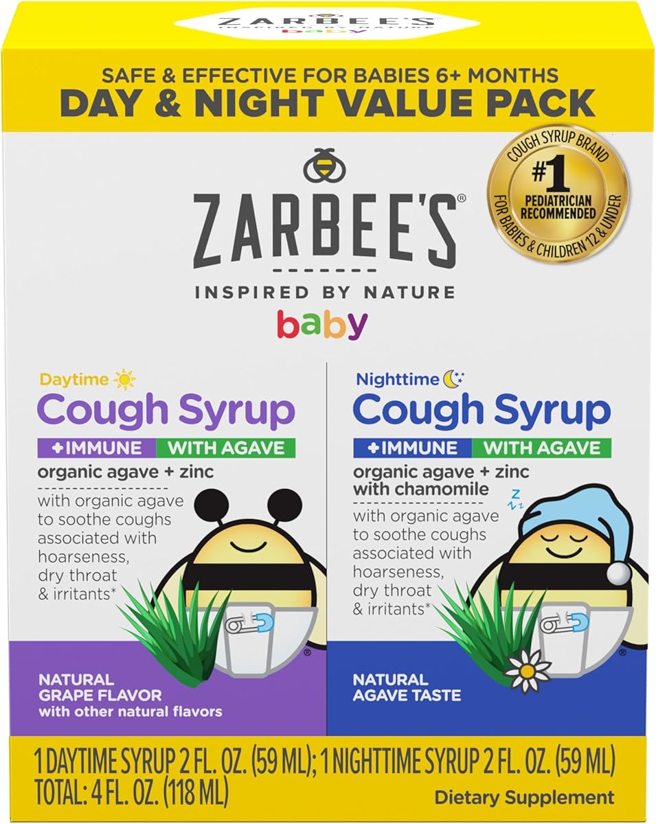 Zarbee’s Baby Day & Night Cough Medicine & Syrup Value Pack with Organic Agave + Zinc for Immune Support, Natural Grape Daytime & Chamomile Nighttime, Baby Cough Medicine, 2 x 2 fl oz