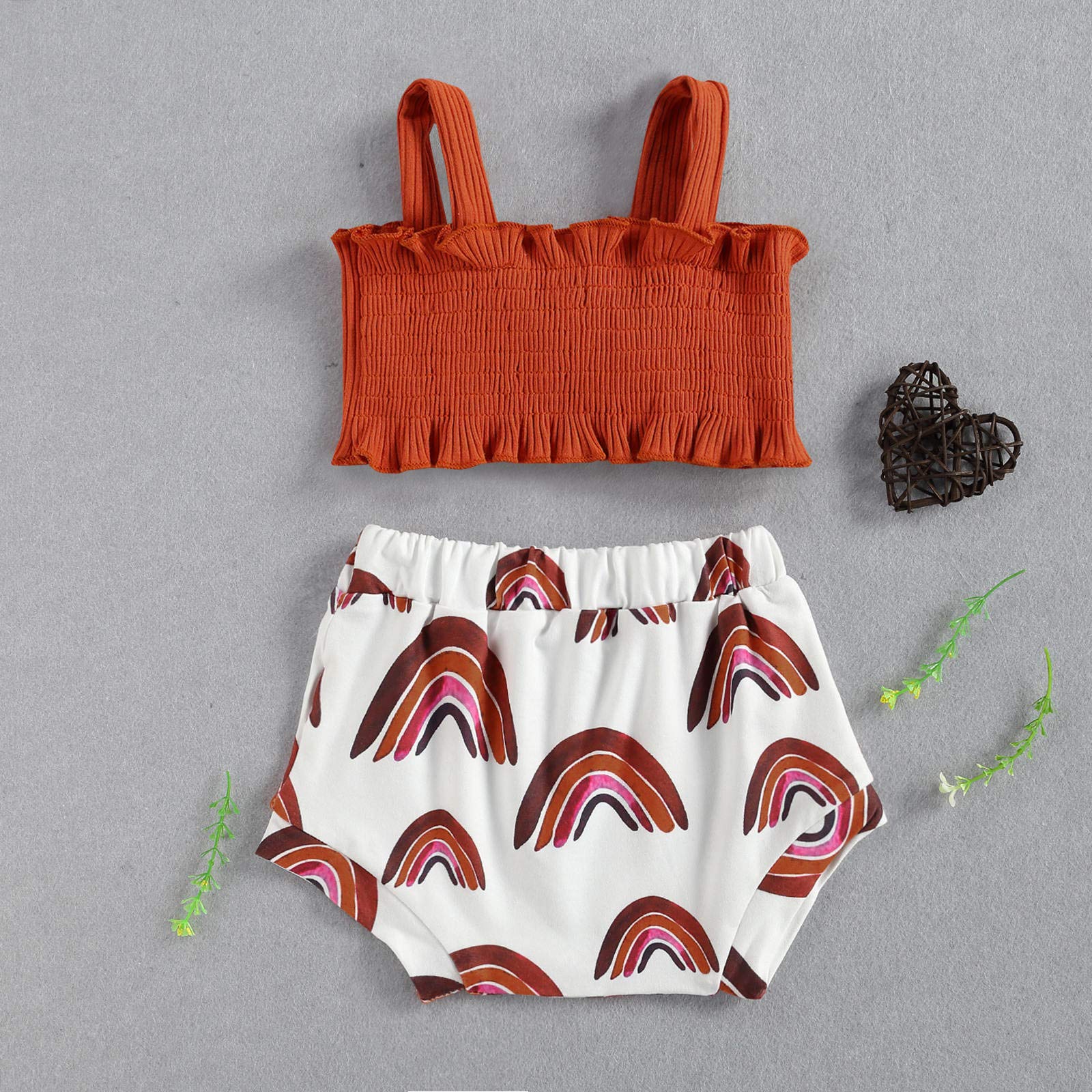 Fashion 2Pcs/Set Baby Girl Summer Outfits, Knitted Crop Tops with Big Bow Sun Rainbow Print Shorts (Caramel Rainbow, 0-6 Months)