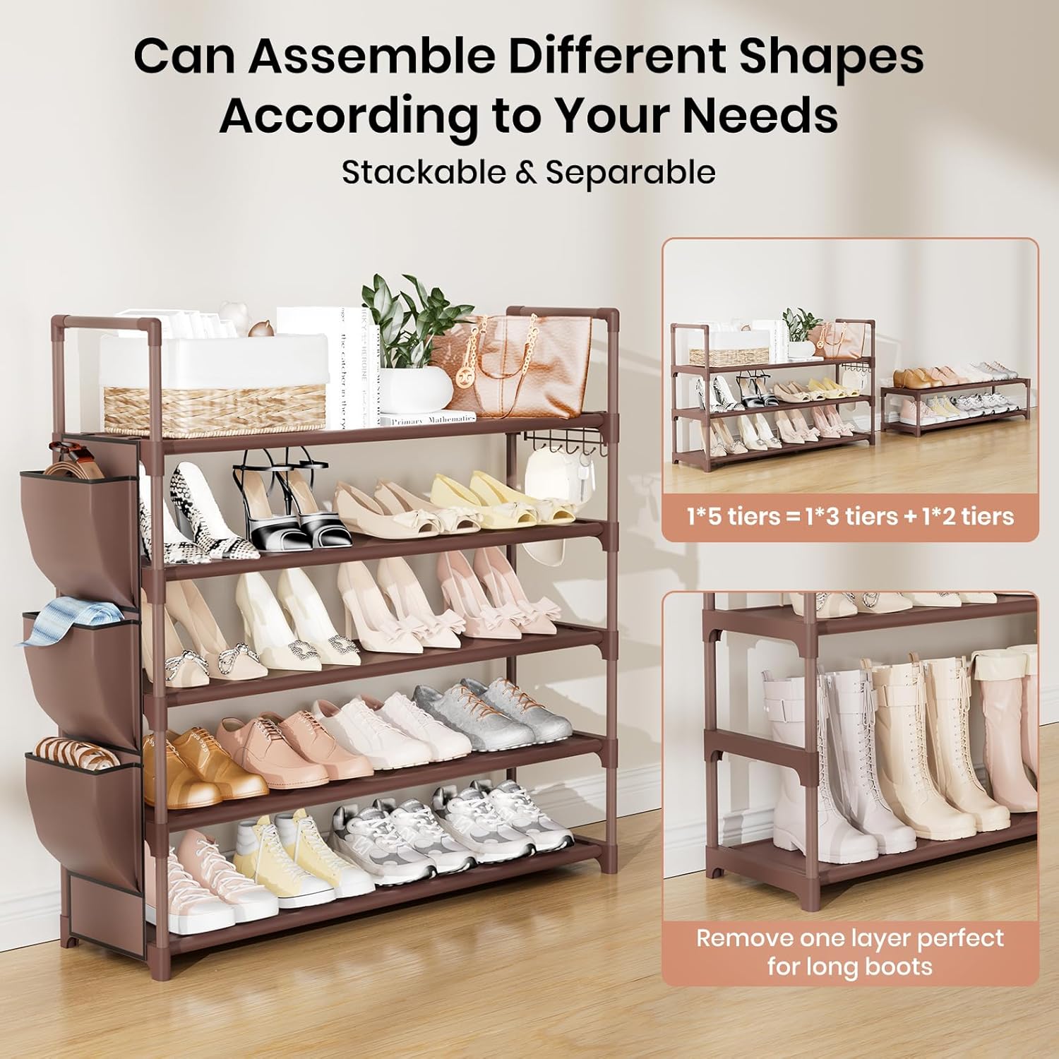 VILICK Shoe Rack for Closet Shoe Organizer Space Saver Storage for 20-25 Pair Shoe Shelf with Hook and Side Pocket Free Standing 5 Tier Shoe Rack Organizer for Entryway,Small Spaces, Brown