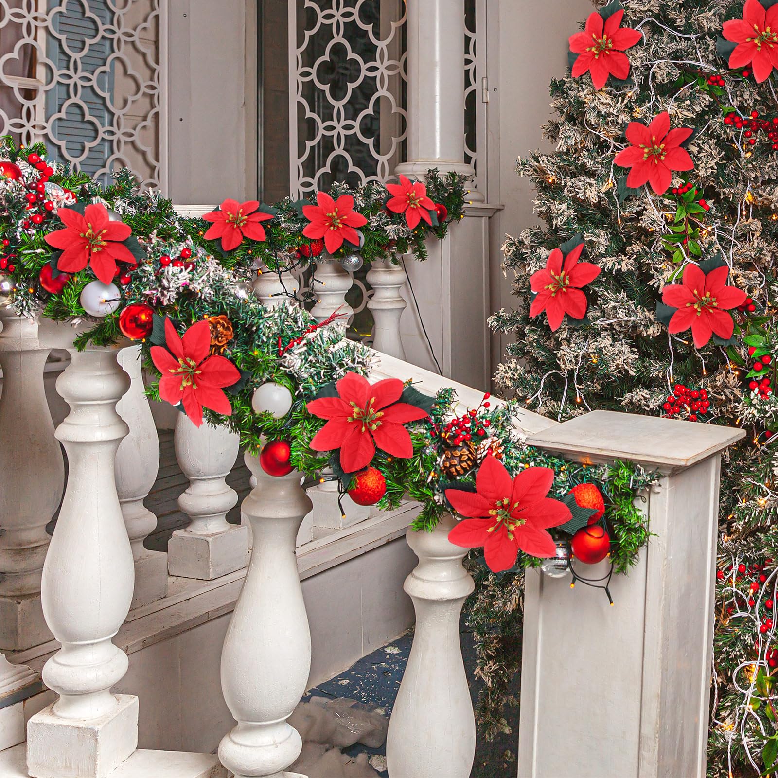 Tigeen Künstliche Weihnachtssterne mit 7 Köpfen, Blumensträuße für Weihnachten, Party, Kranz, Hochzeit, Zuhause, Garten, Dekoration, Rot, 50 Stück