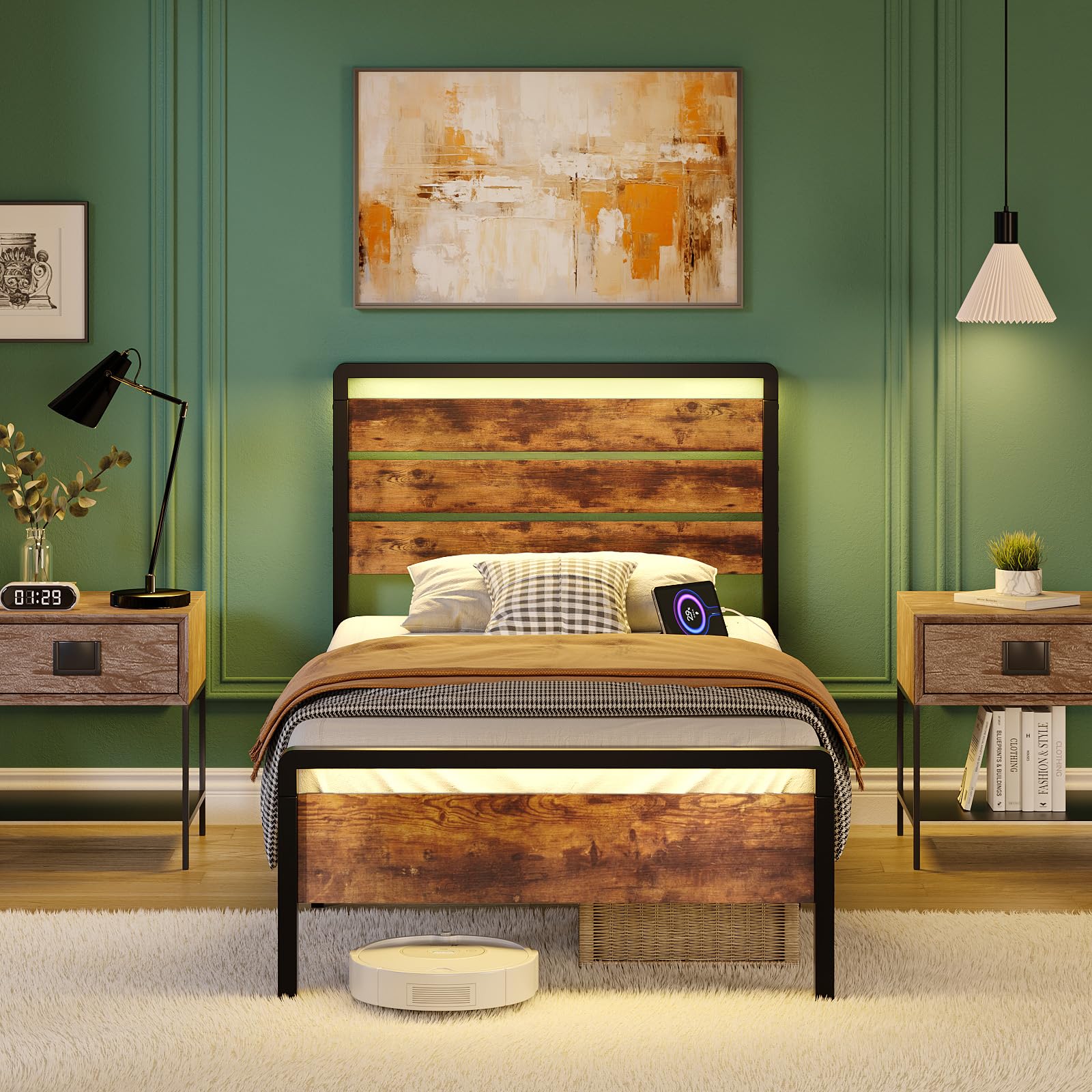 Bonnlo 3ft Single Bed Frame with Wooden Headboard, Single Metal Bed Frames with Charging Station/LED Lights, 30cm Under Bed Storage,Reinforced Strong Support Leg, 90x190cm, Vintage Brown