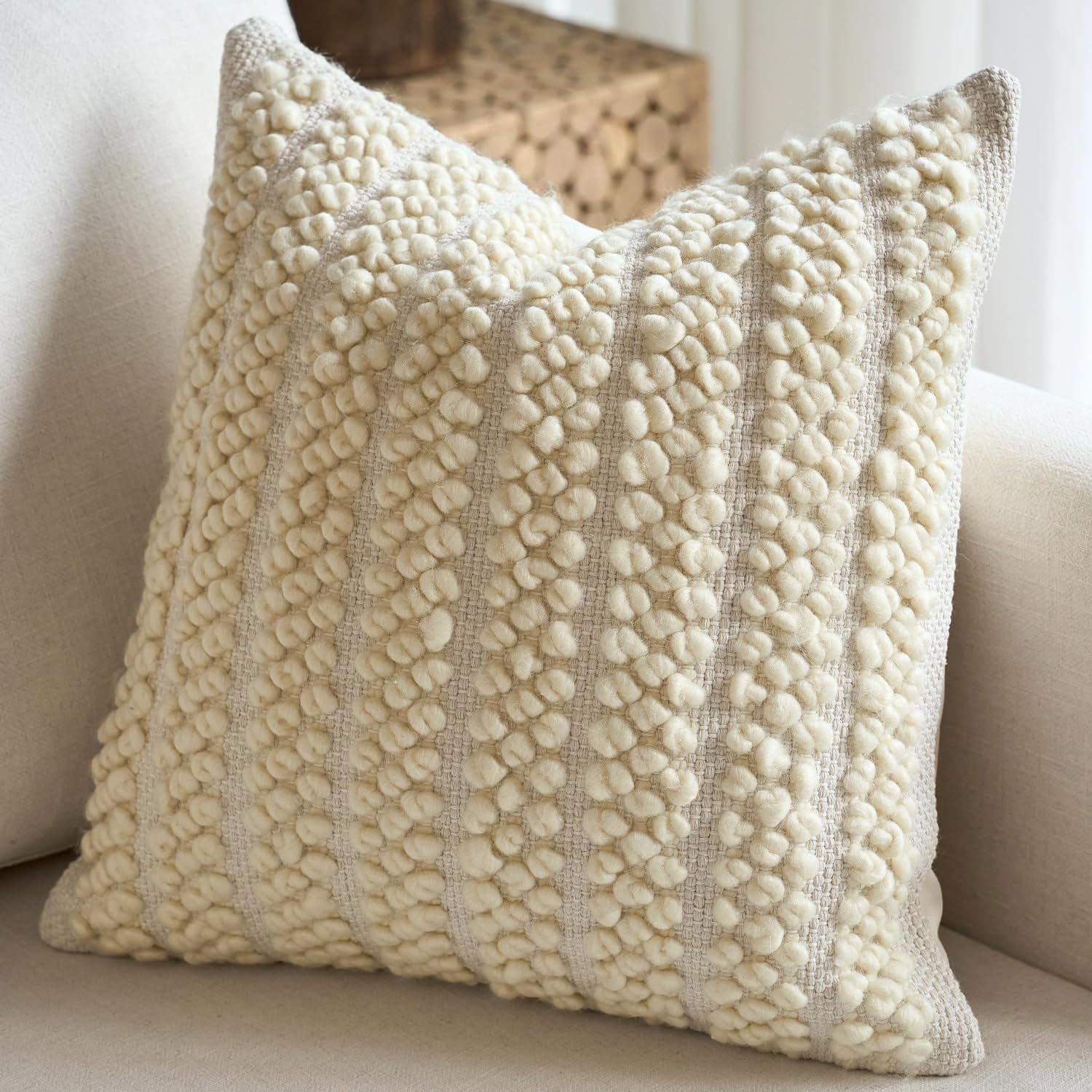 wool boucle throw pillow cover premium chic accents square textured decorative pillow case for living room couch sofa home decor 18"x18" beige