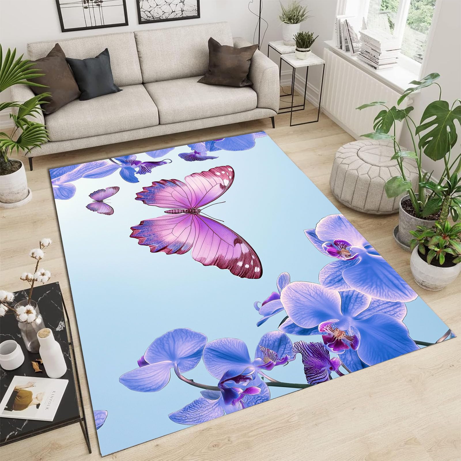 Tapis de salon orchidée bleue lavable en machine et antidérapant pour la salle à manger