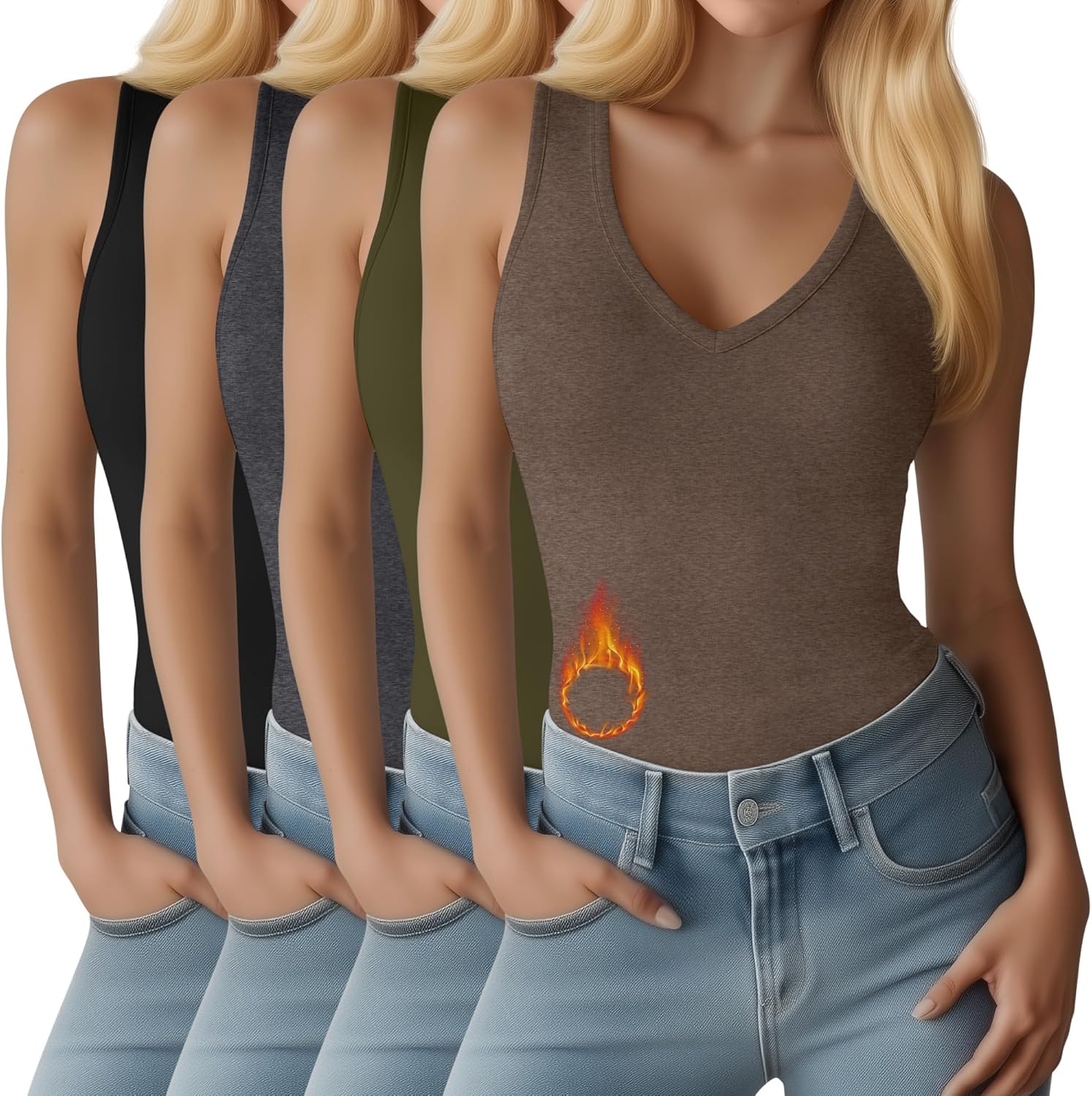 4 Pack Women's Thermal Tank Tops Fleece Lined Reversible Sleeveless Base Layer V Neck or U Neck Warm Underwear Vest