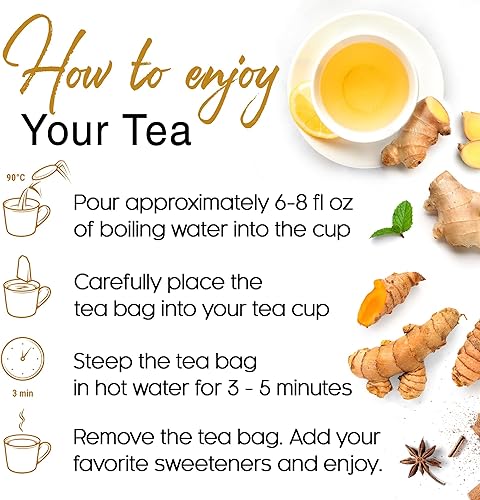 Miniatura 8 de FloraBliss 50 bolsas de té de cúrcuma, jengibre y canela prémium con manzanilla, extra fuerte 0.08 ozbolsa, 100% natural, sin cafeína, vegano,