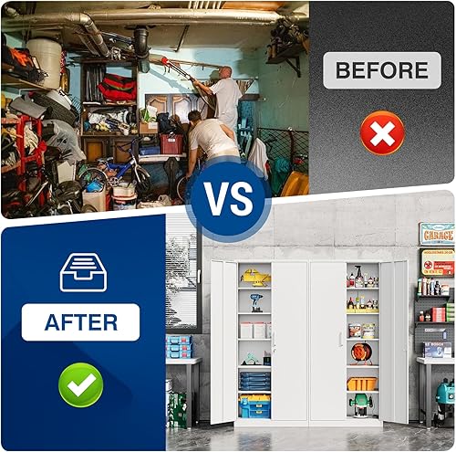 Miniatura 64 de Armario de almacenamiento de metal de 71 pulgadas con cerradura, resistente, gabinetes de herramientas de garaje con puertas y estantes, gabinete