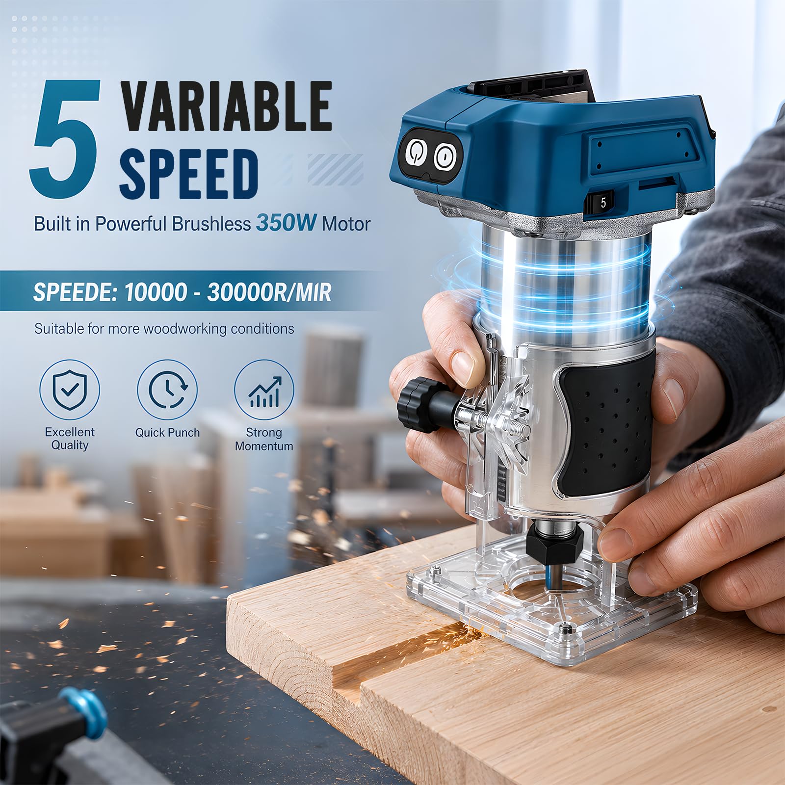 Fresadora con batería compatible con batería Makita de 18 V, 800 W, recortadora sin escobillas, fresadora de cantos, 5 marchas, 30000 rpm, batería eléctrica, fresa de madera para carpintería, 6/6,35/8