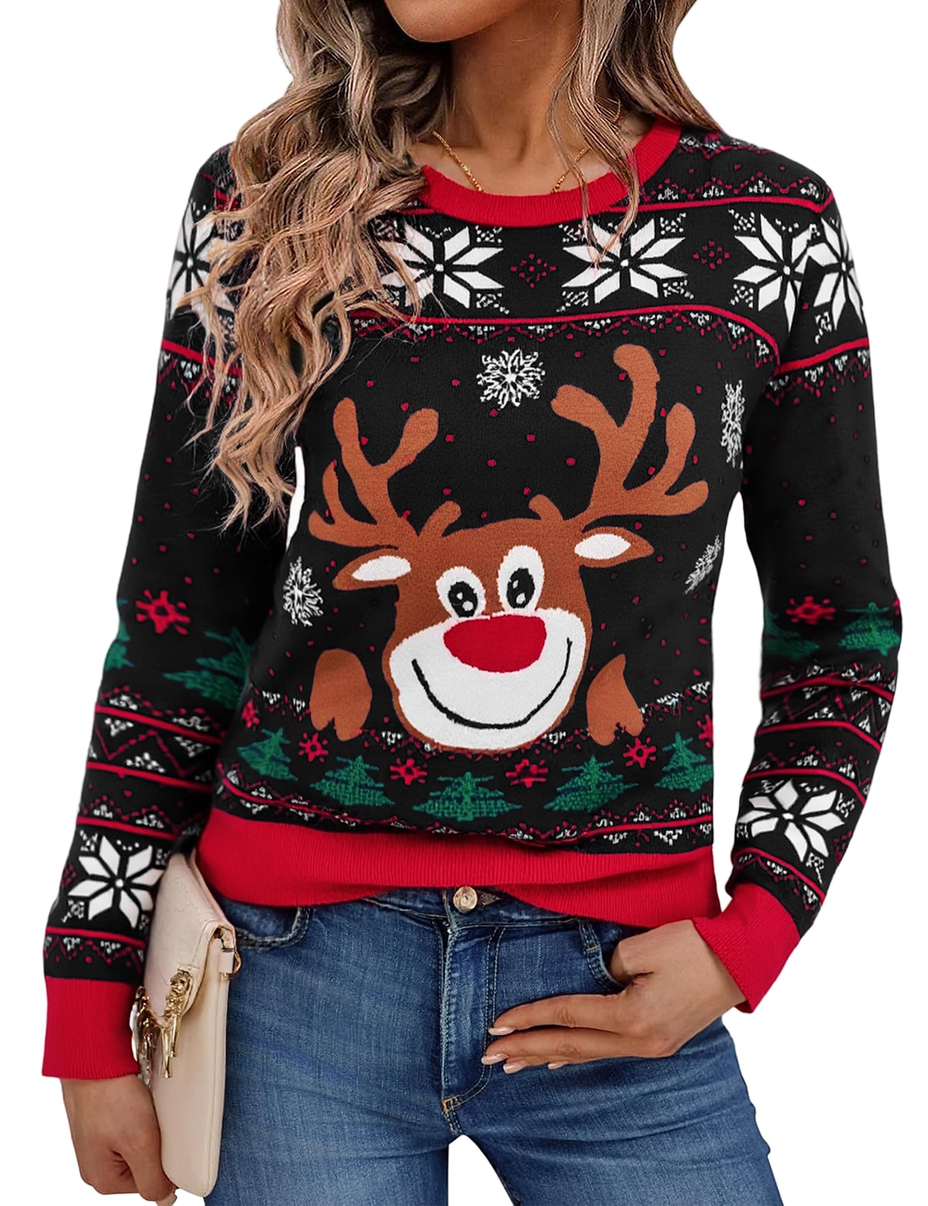 Bresdk Jersey Navideño Mujer Divertido Suéter Navidad de Punto Ugly Christmas Sweater de Reno Invierno Ropa Cuello Redondo para Familiares S-XXL