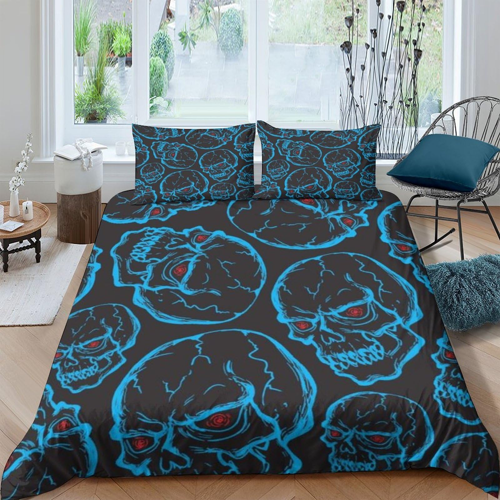 Housse de couette crâne 3D anti-plis en microfibre douce pour lit king size d'adolescent