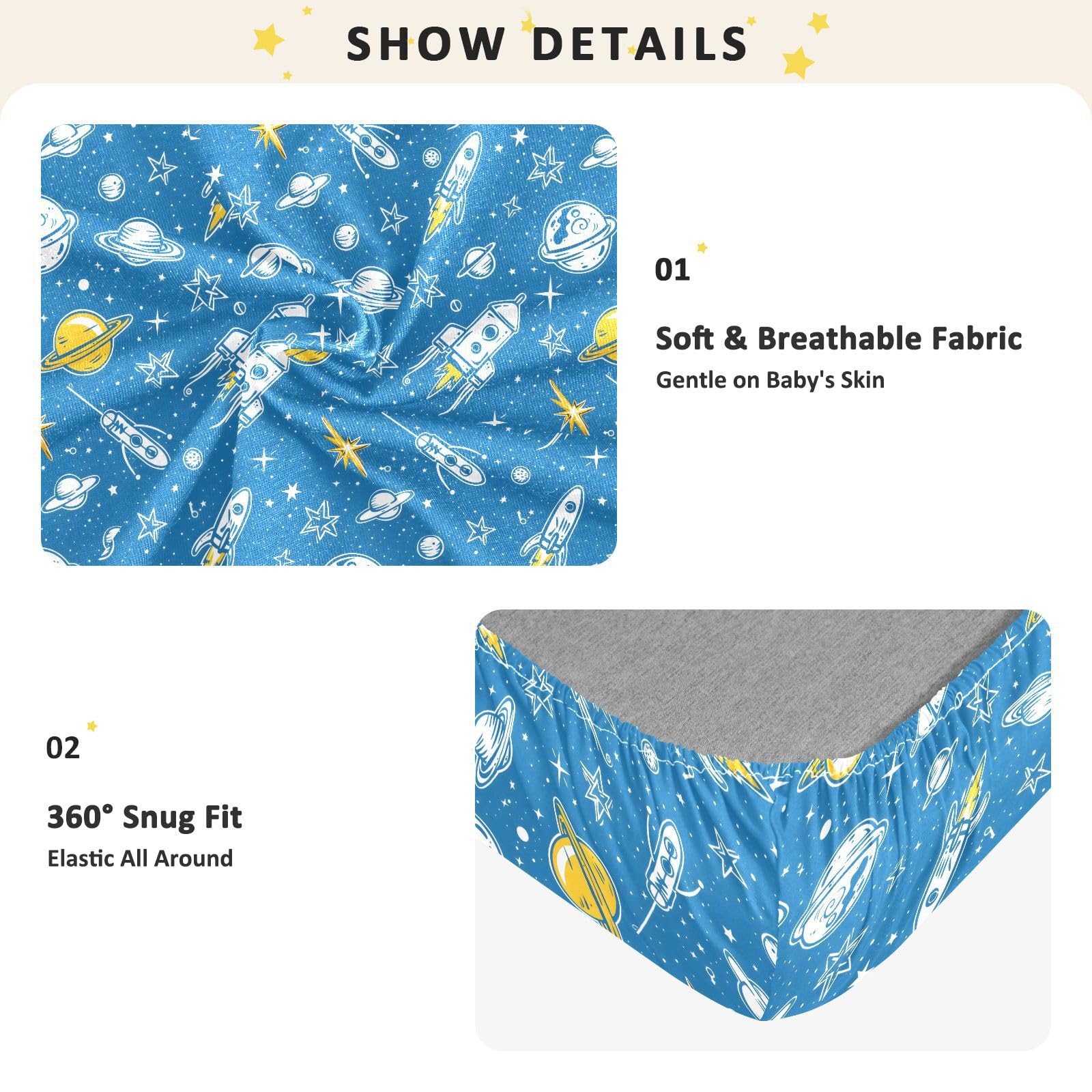 Drap-housse pour berceau de bébé motif étoile et espace pour garçons et filles, 71,1 x 132,1 cm, bleu ciel