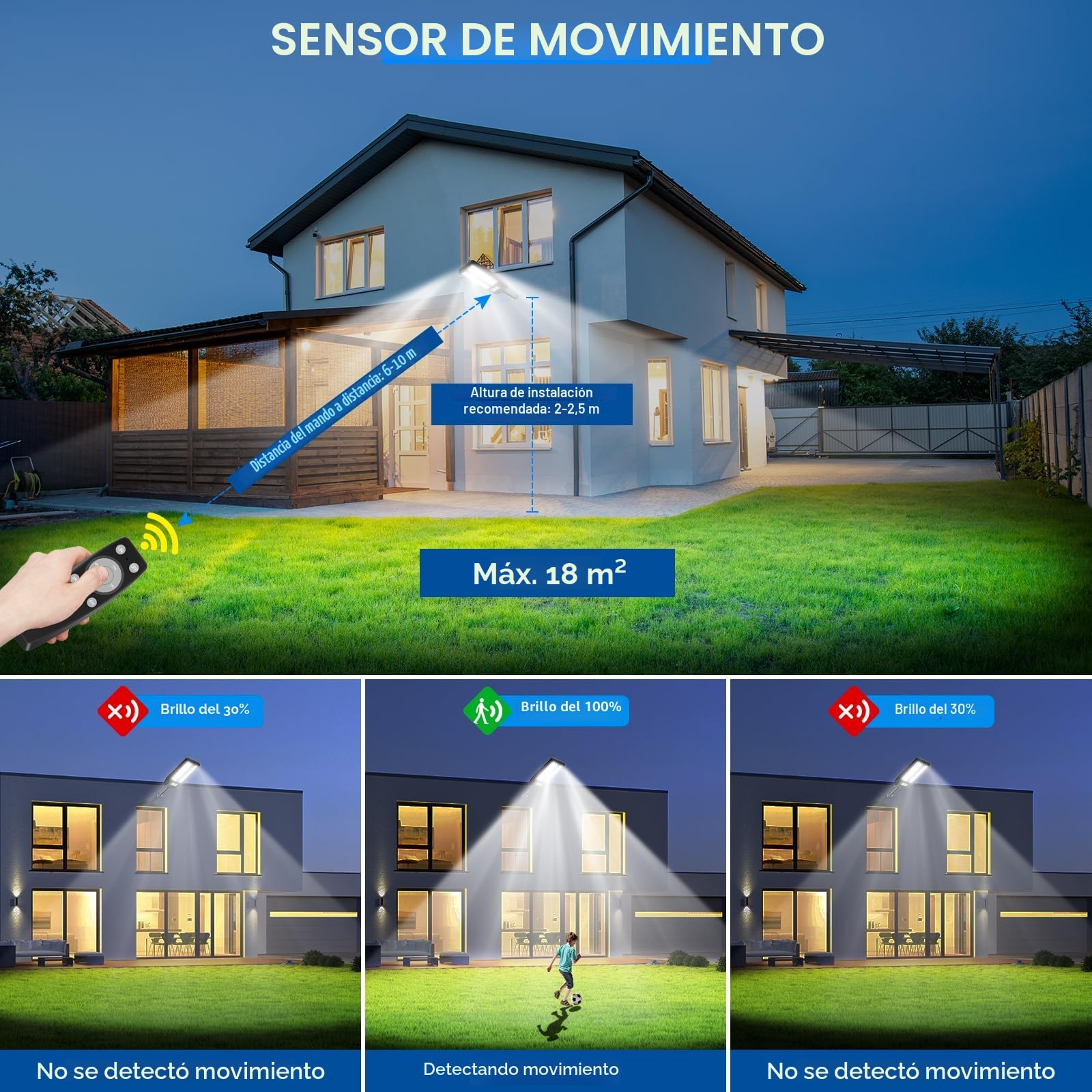 Adewalk 700W Farola solar LED exterior con mando a distancia, IP66 impermeable, lámpara de calle solar con sensor de movimiento, 6500 K Super Bright Farolas de jardín exterior solares para garaje