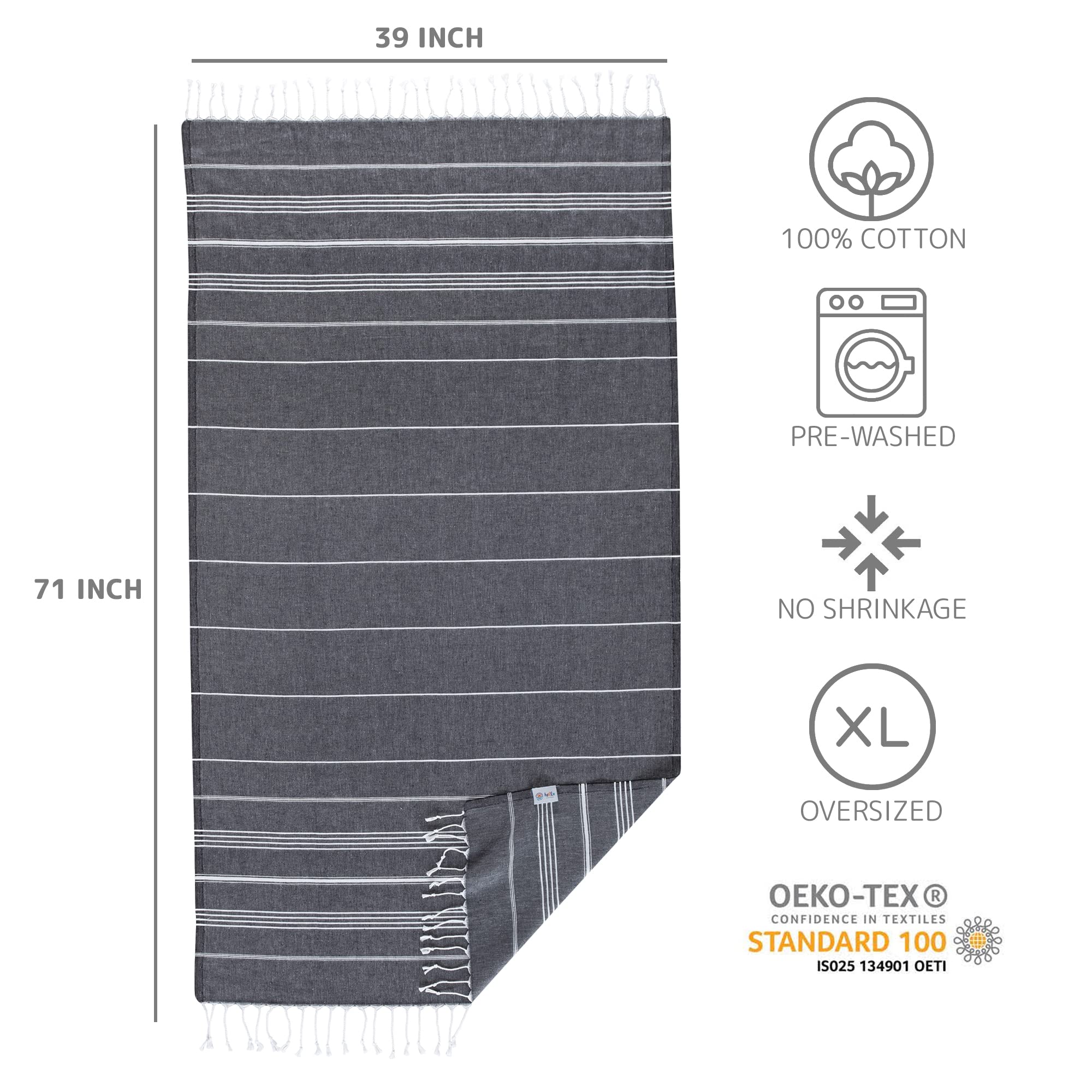 Turkish Beach Towel – 100% Cotton, 39x79 Inches, Quick Dry, Grey Peshtemal