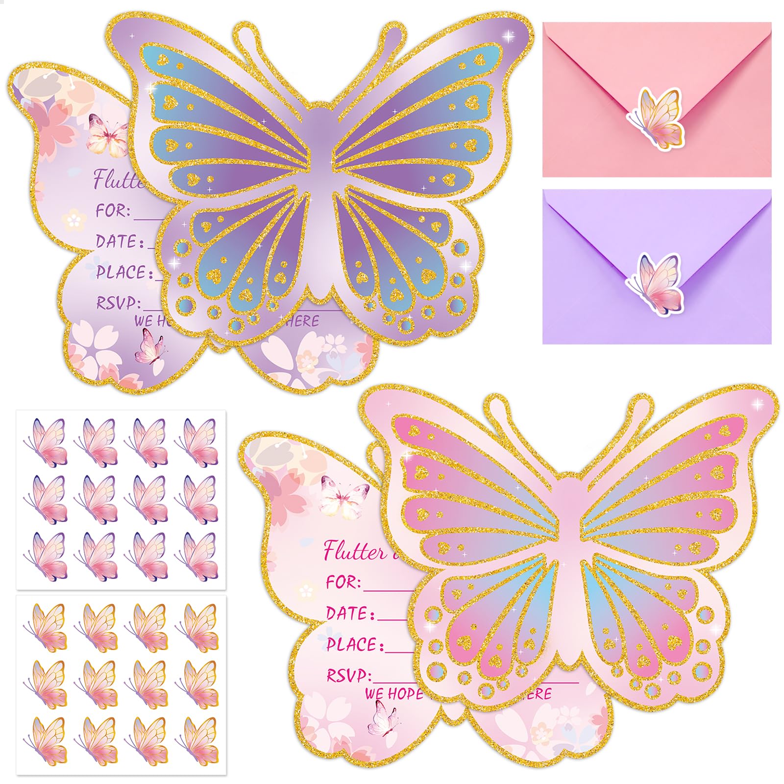 Hedeey 24 Sets Butterfly Birthday Invitations Girl with Envelopes and Stickers, Baby Shower Invitations for Girl, Butterfly Birthday Party Invitation