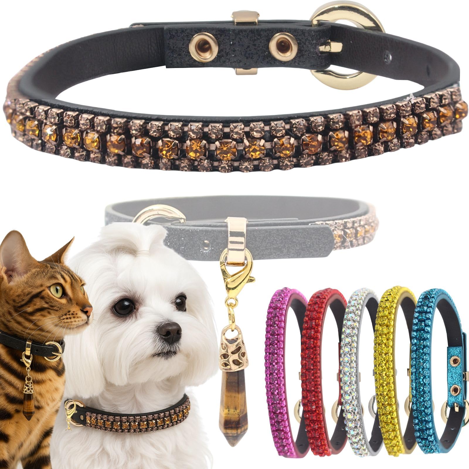 PEARLY JUN Champagne Diamante Dog Collar XXS Rhinestone Bling Dog Collar for Small Cat Cute Luxury Crystal Pet Puppy